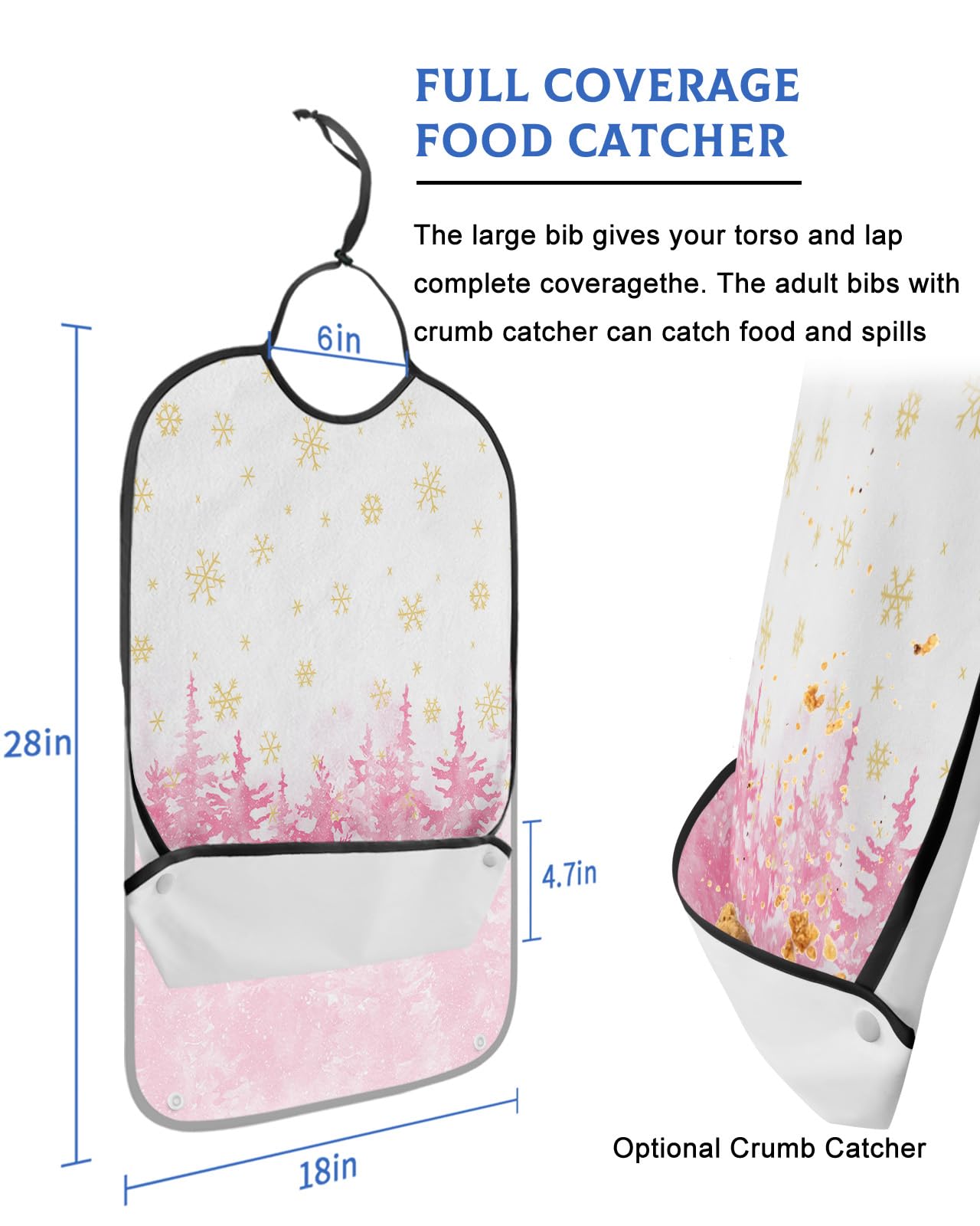Christmas Adult Bib for Adults Men, Women, Washable & Adjustable Terry Cloth Bib with Crumb Catcher Reusable Waterproof Clothing Clothes Protector Apron Blush Pink Forest Geometric Abstract Tree