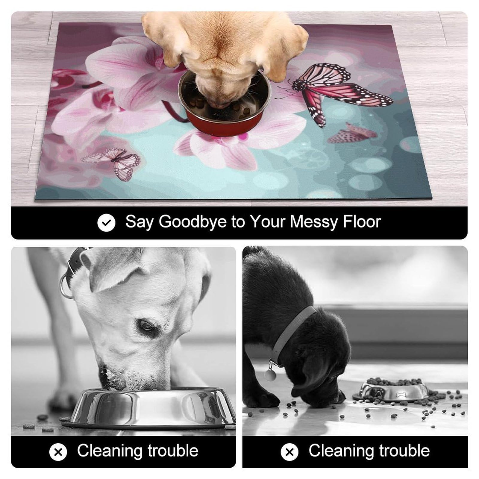 Tapis de nourriture pour chat avec fleur d'orchidée, papillon - Tapis d'alimentation antidérapant - Facile à nettoyer pour la nourriture et l'eau - 43,2 x 76,2 cm