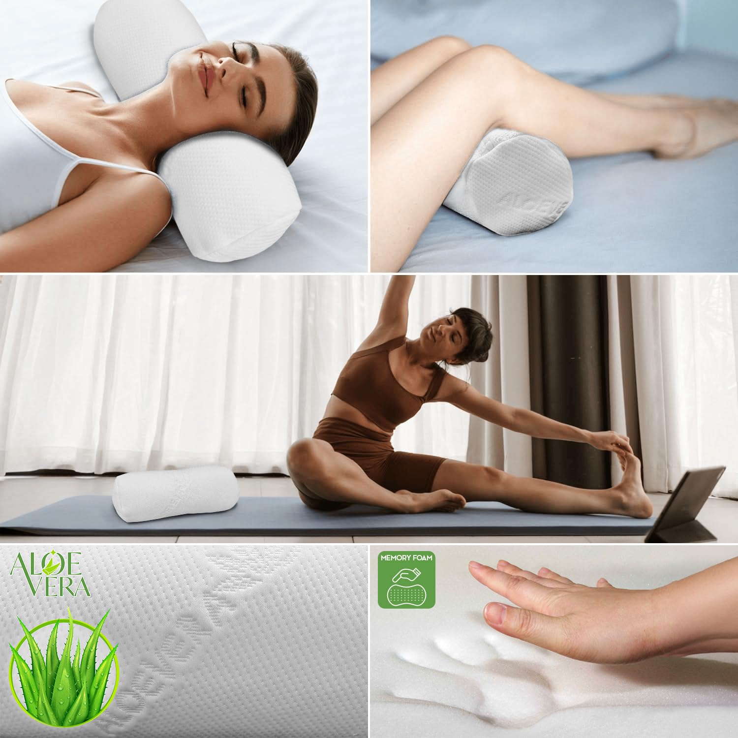 Knie- und Nackenrolle aus Memory-Schaum, Weiß, 40 x 15 cm, mit Aloe Vera Bezug, abnehmbar und waschbar
