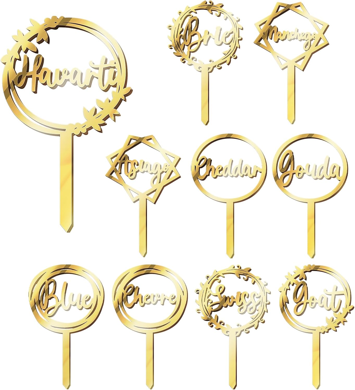 Yulejo 10 Packs Cheese Labels Markers 5 Different Shapes Printed Different Words for Charcuterie Board Cheese Markers Food for Buffet Picks Christmas Wedding Birthday Party Cocktail Dinner (Acrylic)