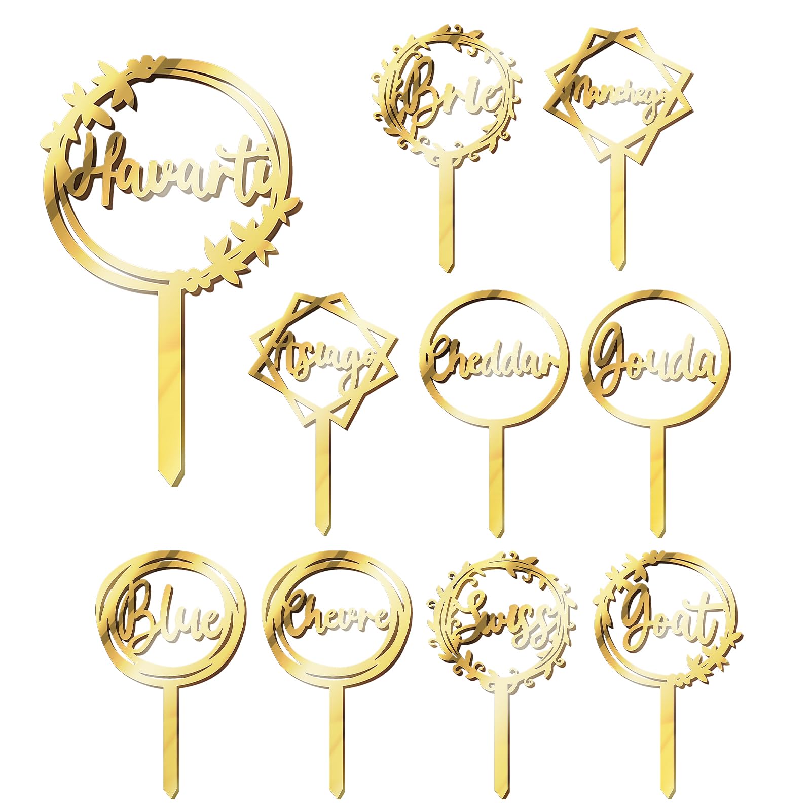 Yulejo 10 Packs Cheese Labels Markers 5 Different Shapes Printed Different Words for Charcuterie Board Cheese Markers Food for Buffet Picks Christmas Wedding Birthday Party Cocktail Dinner (Acrylic)