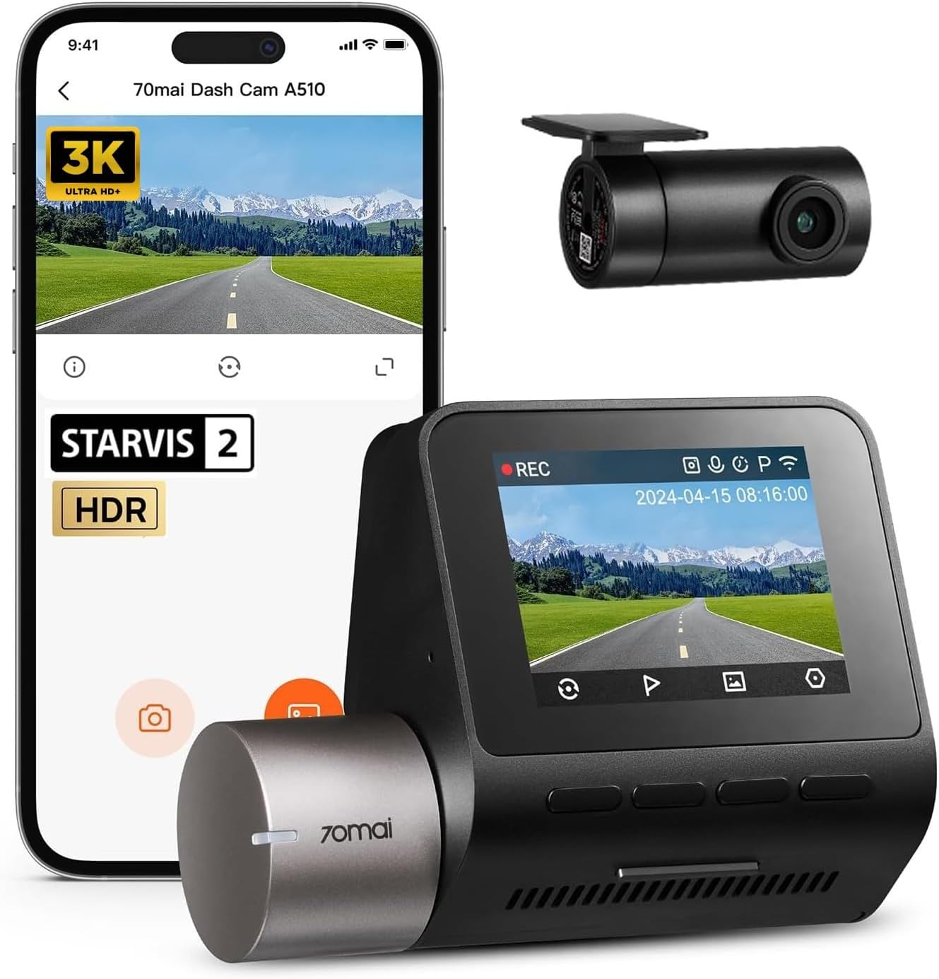 A510 HDR 3K Dual Channel Dash Cam, STARVIS 2 IMX675 Sensor, ADAS, Built-in GPS Logger, Route Recorder, MaiColor Vivid+ with Night Owl Vision, App Playback & Share, Optional Parking Monitoring