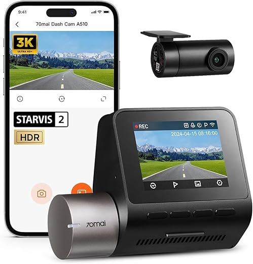 70mai A510 HDR 3K Dual Channel Dash Cam, STARVIS 2 IMX675 Sensor, ADAS, Built-in GPS Logger, Route Recorder, MaiColor Vivid+ with Night Owl Vision, App Playback & Share,...