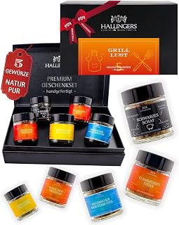 Hallingers Genuss Manufaktur Gewürz Geschenk-Set - 5 Gewürze aus aller Welt in wertiger Geschenkbox mit Rezept-Booklet "Grilllust", Geschenkidee für Frauen Männer