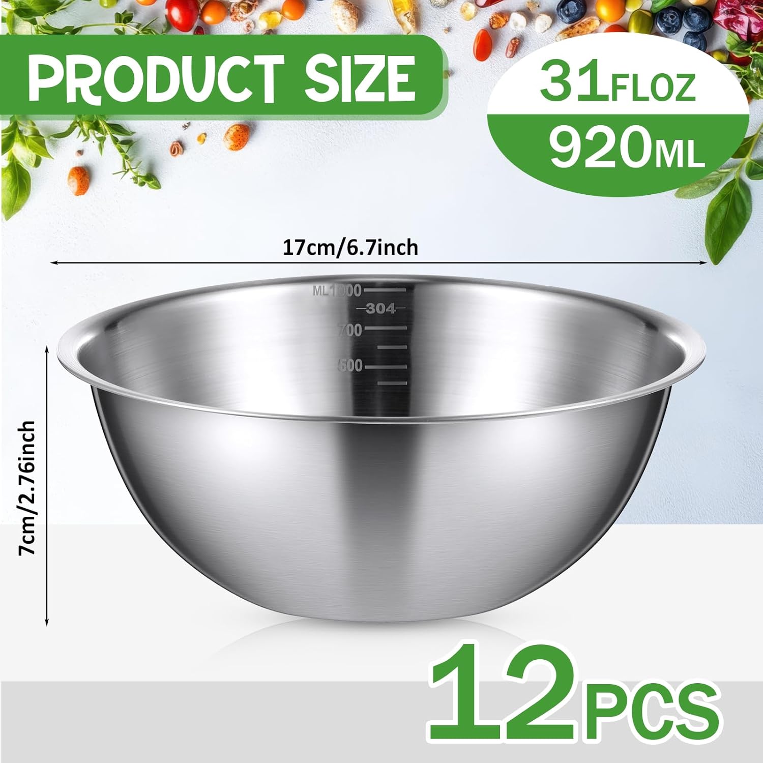 Honeydak 12 Pcs 304 Stainless Steel Mixing Bowls with Graduations, 31 oz Salad Bowls Metal Serving Reusable Baking Food Storage Containers for Baking, Cooking, Making Salads, Soups, Ice Cream, Noodles - Image 2