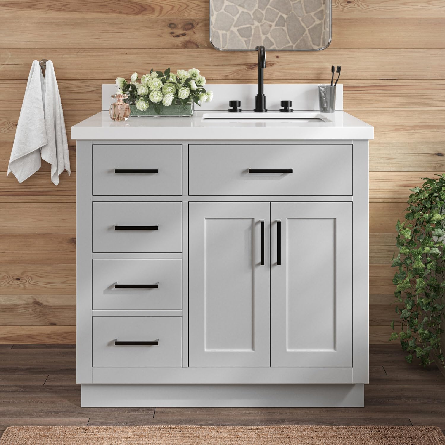 ARIEL Hepburn 36-inch Bathroom Vanity with Sink,Solid Wood, 1.5-inch Pure White Quartz Countertop & Backsplash, Single Rectangular Porcelain Sink, 2 Soft Closing Doors, 5 Dovetail Drawers, Grey