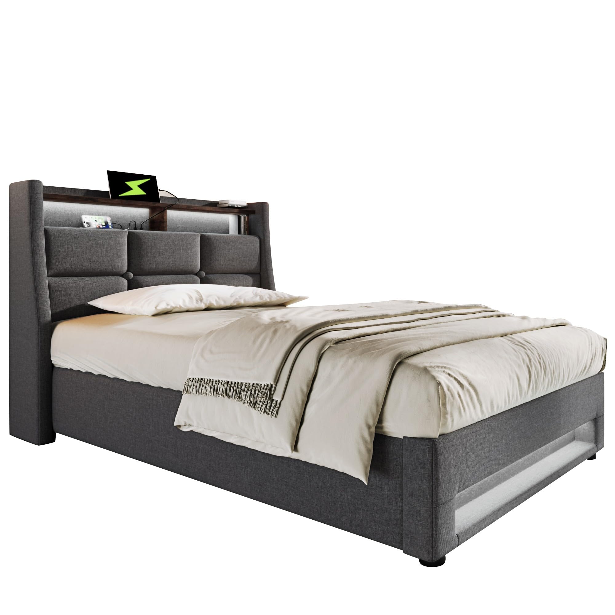 Letto Imbottito Singolo Letto 90x200 cm con Illuminazione a LED e Porta USB, Letto per Bambini con Idraulico Contenitore, Struttura Letti Singoli per Ragazzi, Grigio, Lino, Senza Materasso
