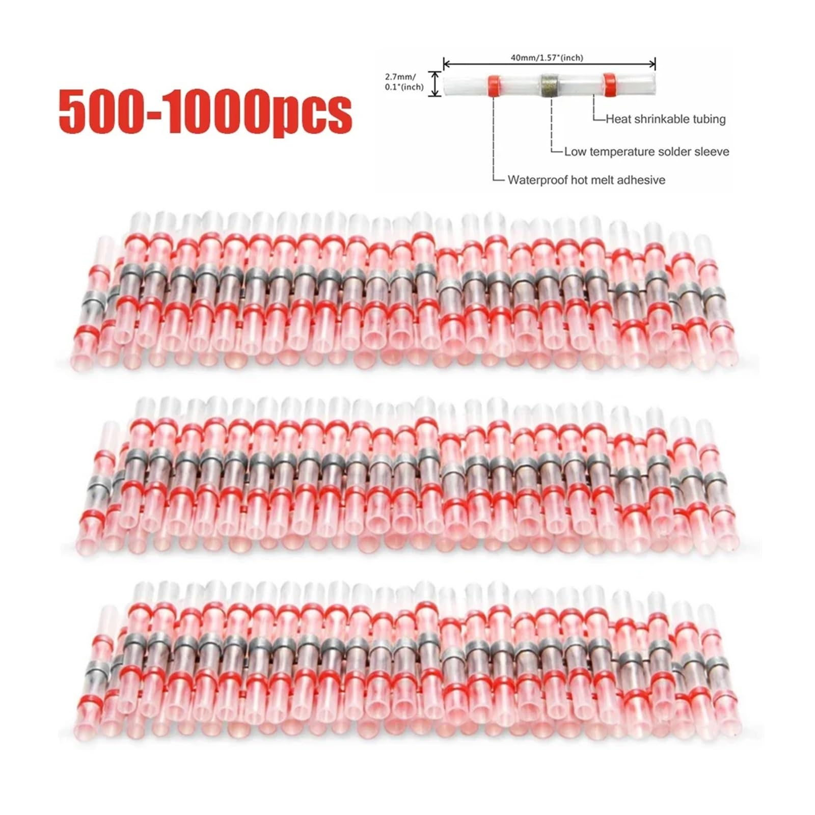 Terminales de Empalme de Manguito de Soldadura a Prueba de Agua, 100/500/1000 Unidades, Conectores termorretráctiles de Cobre for Cables eléctricos, AWG22-18, Color Rojo(1000PCS)