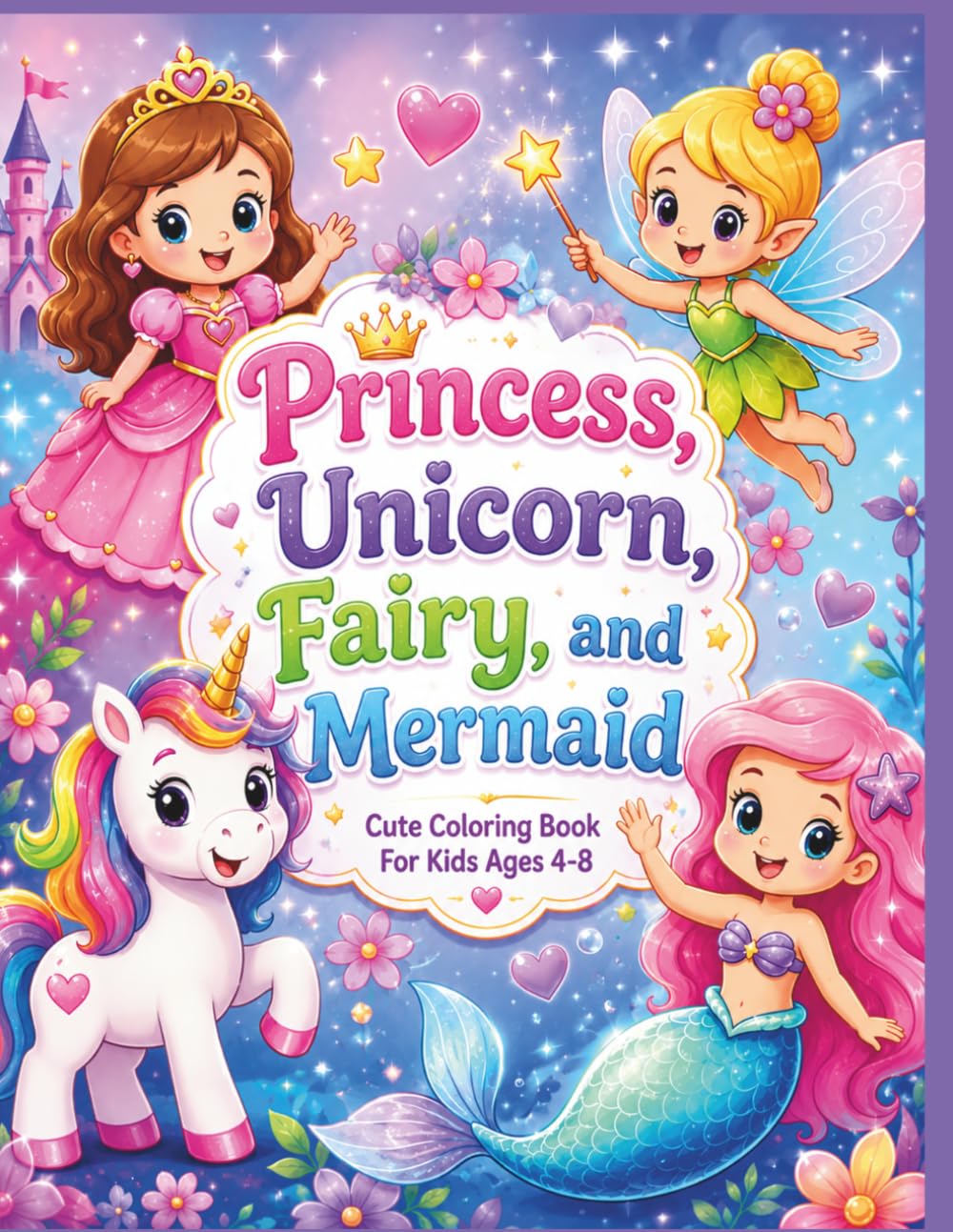 Princess, Unicorn, Fairy, and Mermaid: Cute Coloring Book For Kids Ages 4-8