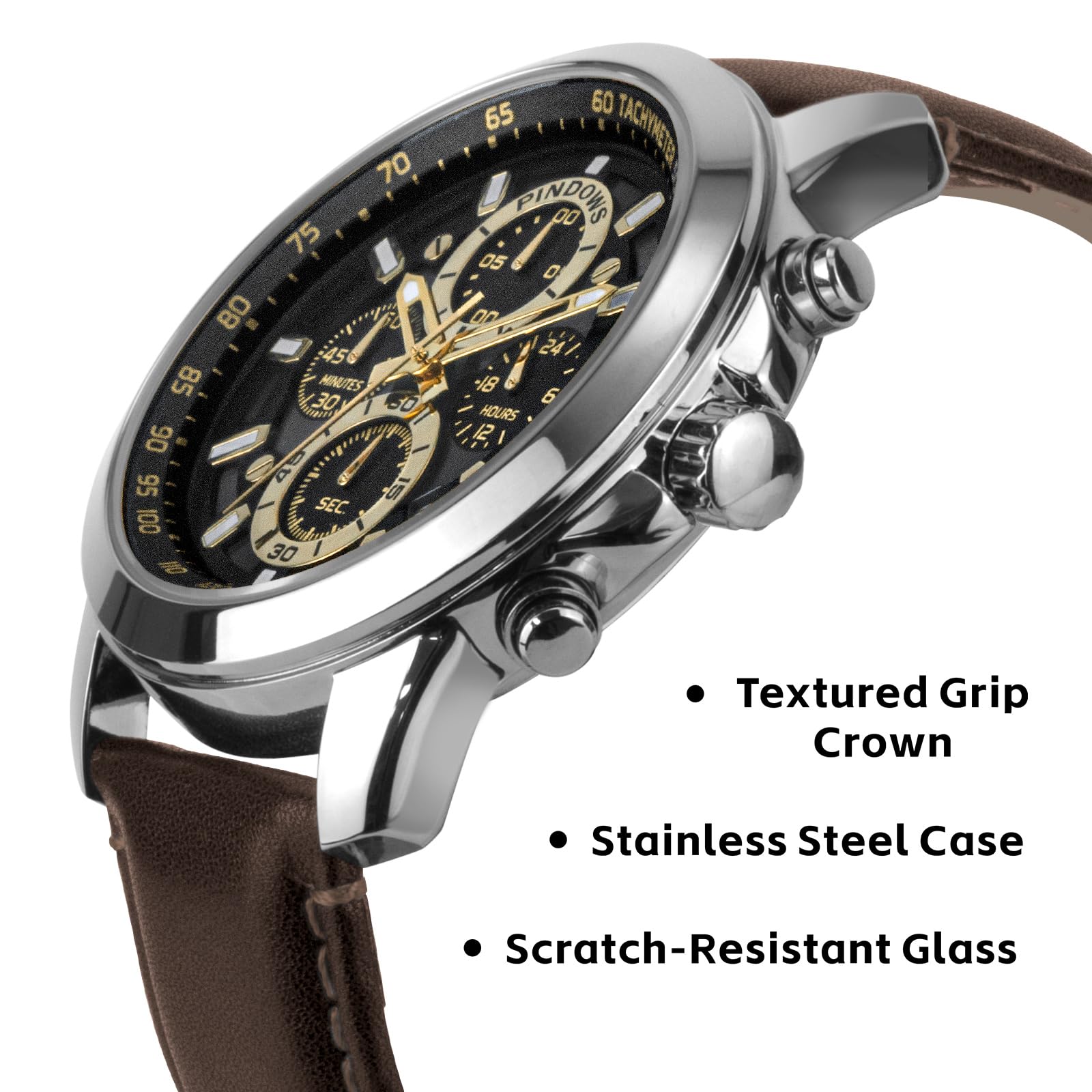 PINDOWS Orologio da uomo analogico al quarzo cronografo impermeabile luminoso orologio da polso con cinturino in pelle nero marrone per abbigliamento business e casual