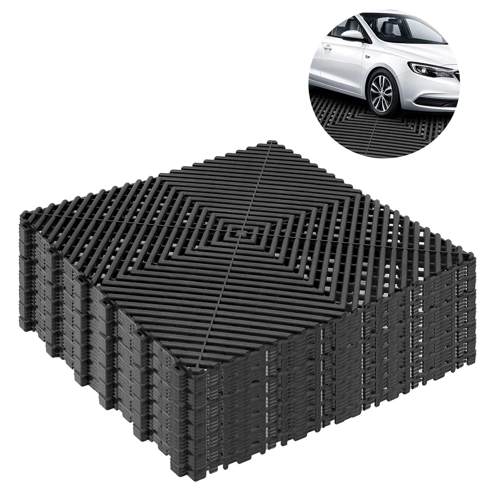 uyoyous Klickfliesen Garage Garagen 20 Stück PP Garagenboden 40×40CM Werkstattboden Garagenboden Matten 18MM Dick Drainagematte Schwarz für Garage, Outdoor, Innenpool (3.2m²)