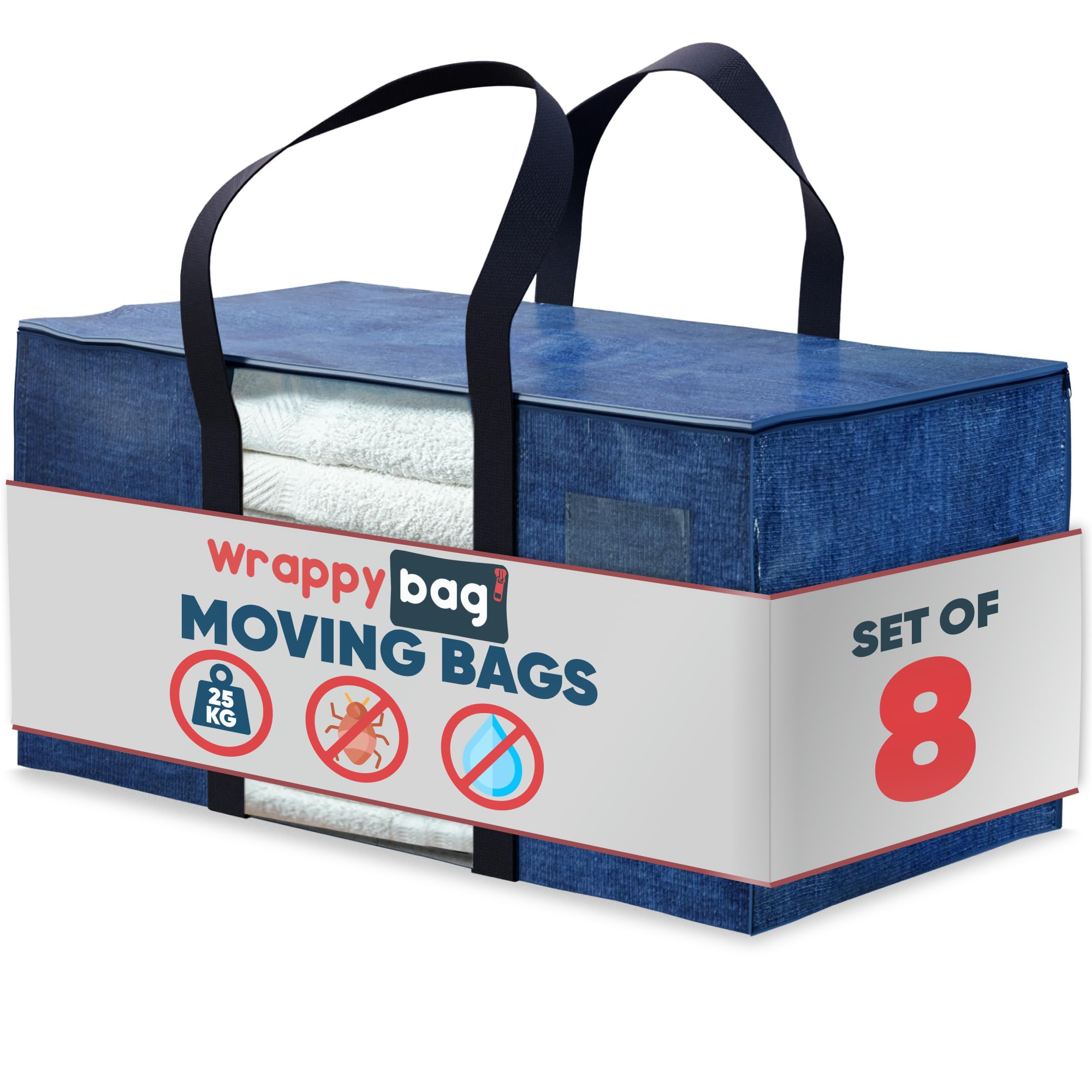 WRAPPYBAG Pack of 8 XXL Storage Bags – with transparent window - Packing bags for Moving House – Water-reppelent with Reinforced Handles – for Clothes & Bedding storage – 75 x 36 x 38 cm