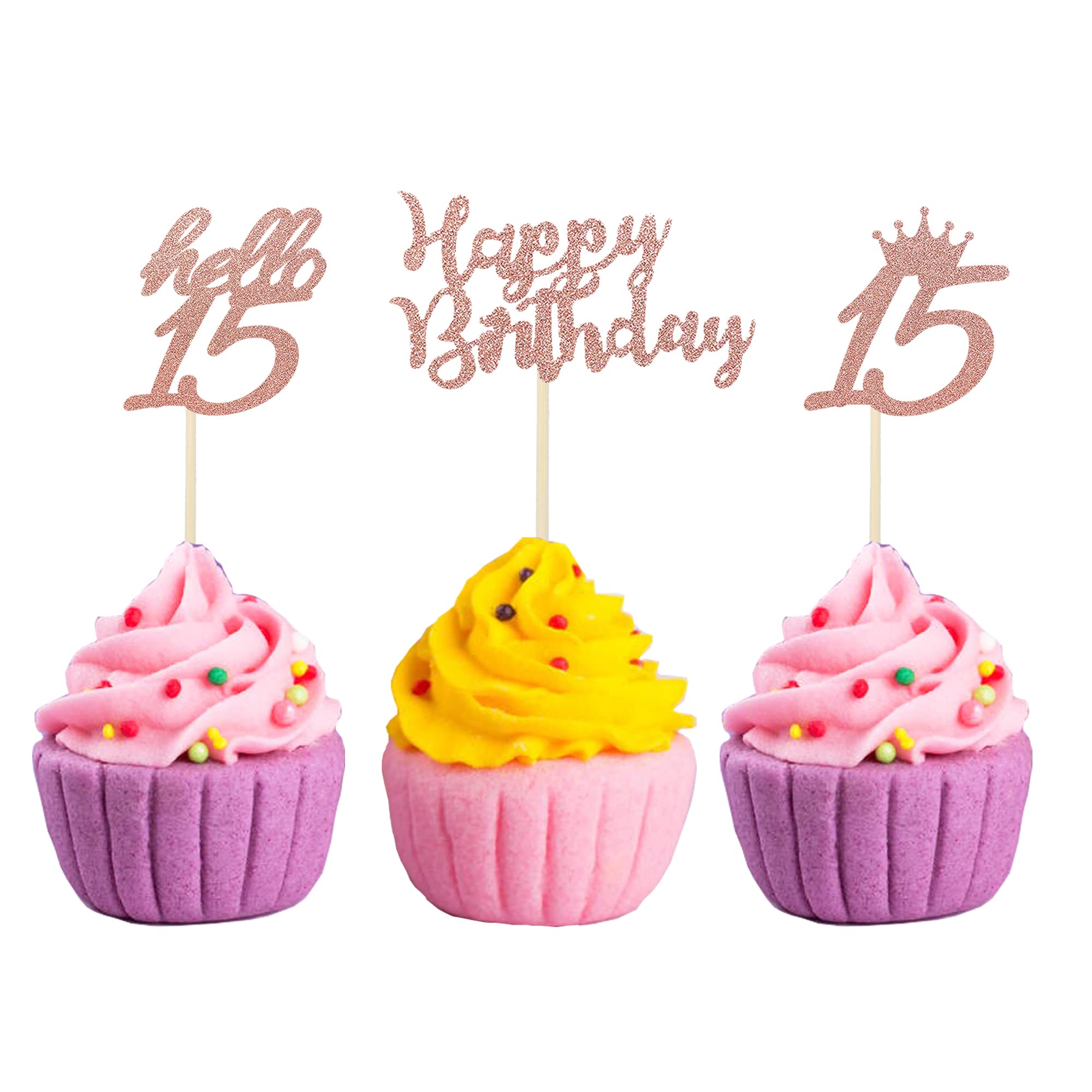 Buy Siipoo Rose Gold Glitter 15th Birthday Cupcake Toppers Happy