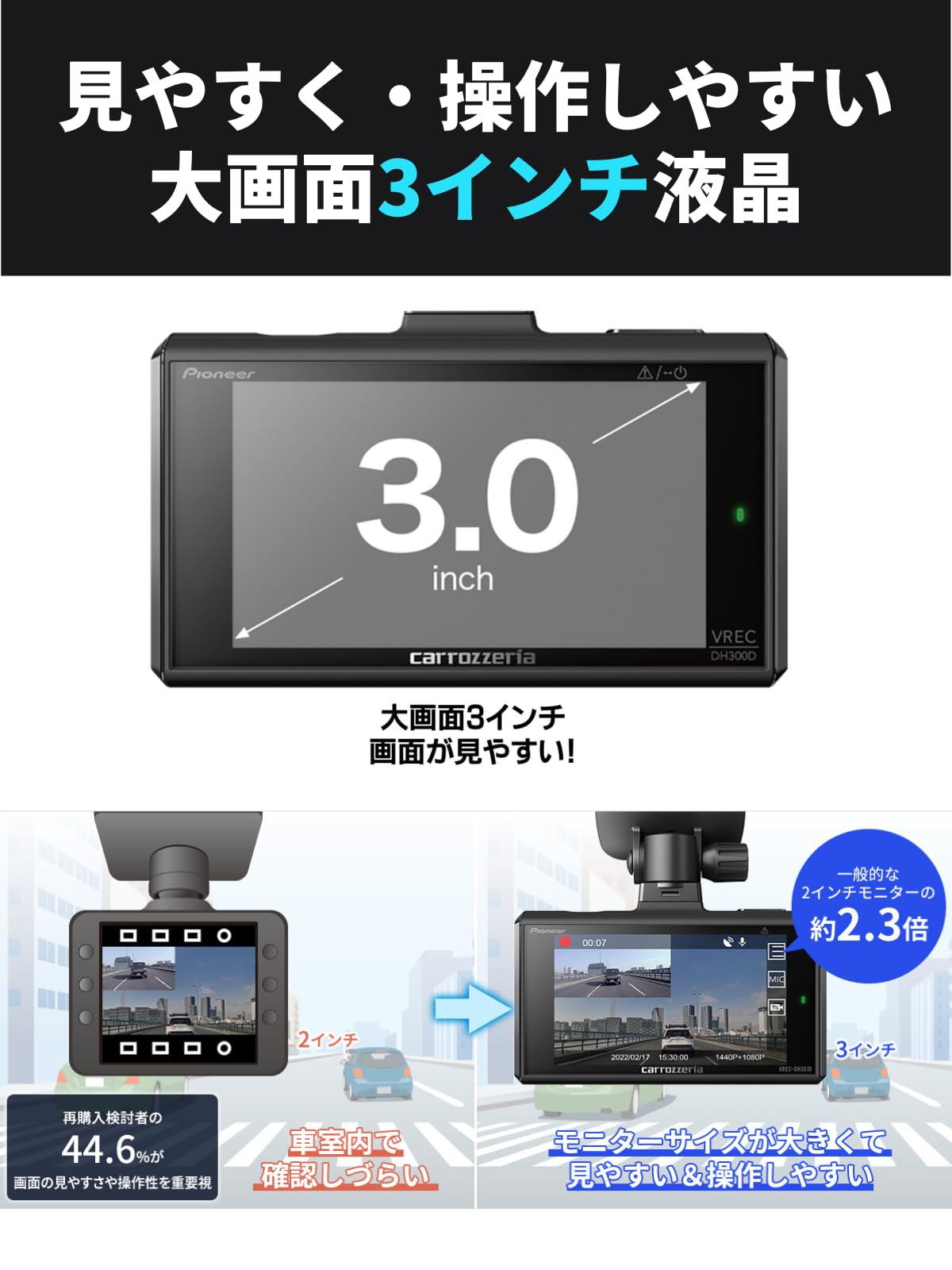 Amazon | パイオニア ドライブレコーダー VREC-DH301D 前後2カメラ 前 
