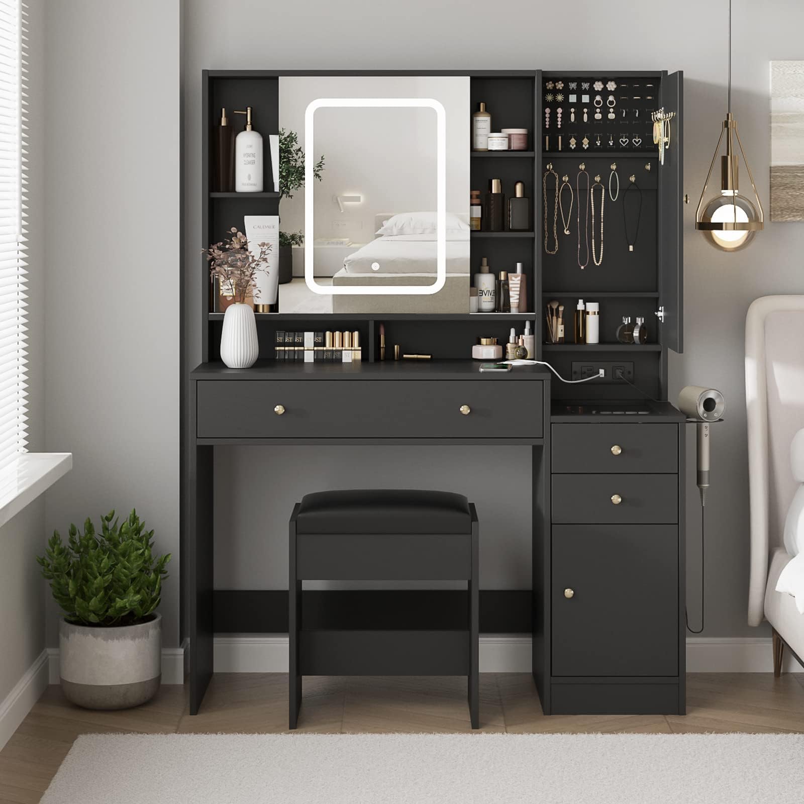 Vabches Vanity Desk with Mirror and Lights, Vanity Table Makeup Vanity with Lights 3 Drawers and Cabinets, Charging Station & Sliding Door, Lots Storage Shelves
