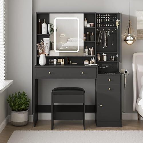 Vanity Desk with Mirror and Lights, Vanity Table Makeup Vanity with Lights 3 Drawers and Cabinets, Charging Station &amp; Sliding Door, Lots Storage