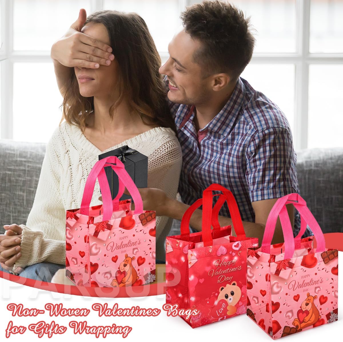 4PCS Happy Valentines Day Reusable Gift Bags, Treat Bags with Handles, Valentines Day Party Bags, Multifunctional Non-Woven Valentines Bags for Gifts Wrapping, Valentines Party Supplies, 7.9 × 7.9 × - Image 3