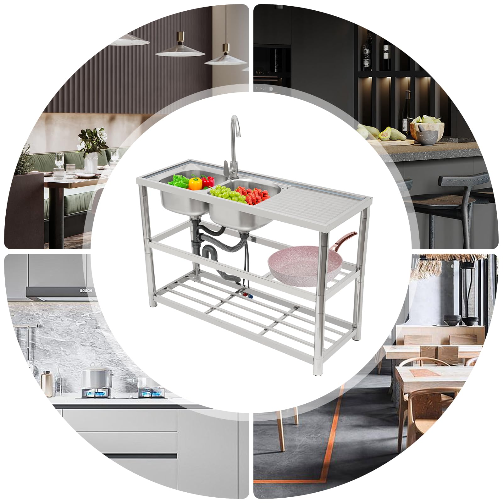 Mobile lavello da cucina indipendente in acciaio inox, 2 vasche e piano di lavoro, 120 x 45 x 80 cm, doppio lavello in acciaio inox, con rubinetto girevole a 360°, dispositivo di scarico,