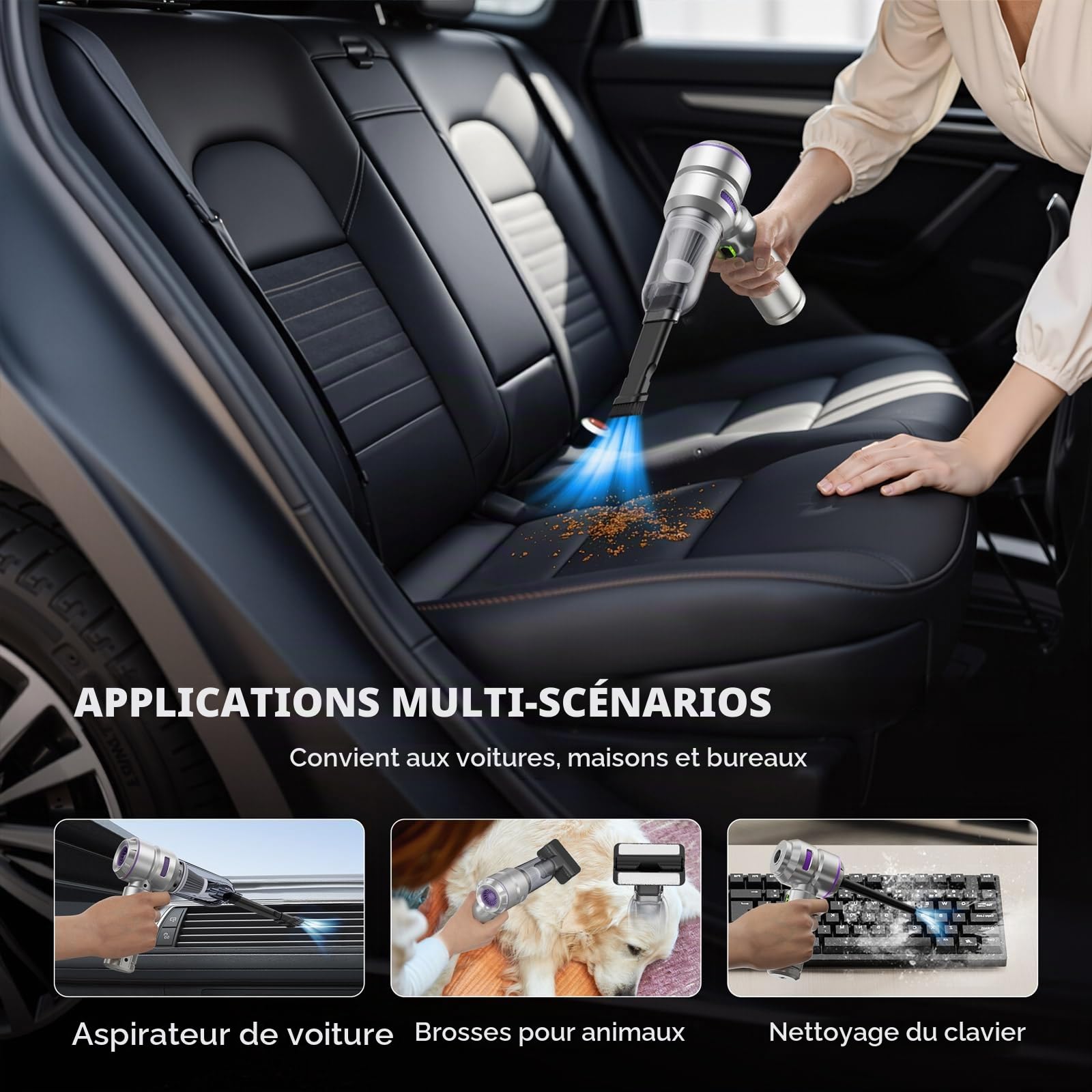 KITBEZN Aspirateur Voiture, 26000PA Mini Aspirateur à Main Puissant sans Fil, 220000 TR/Min Moteur sans Balai
