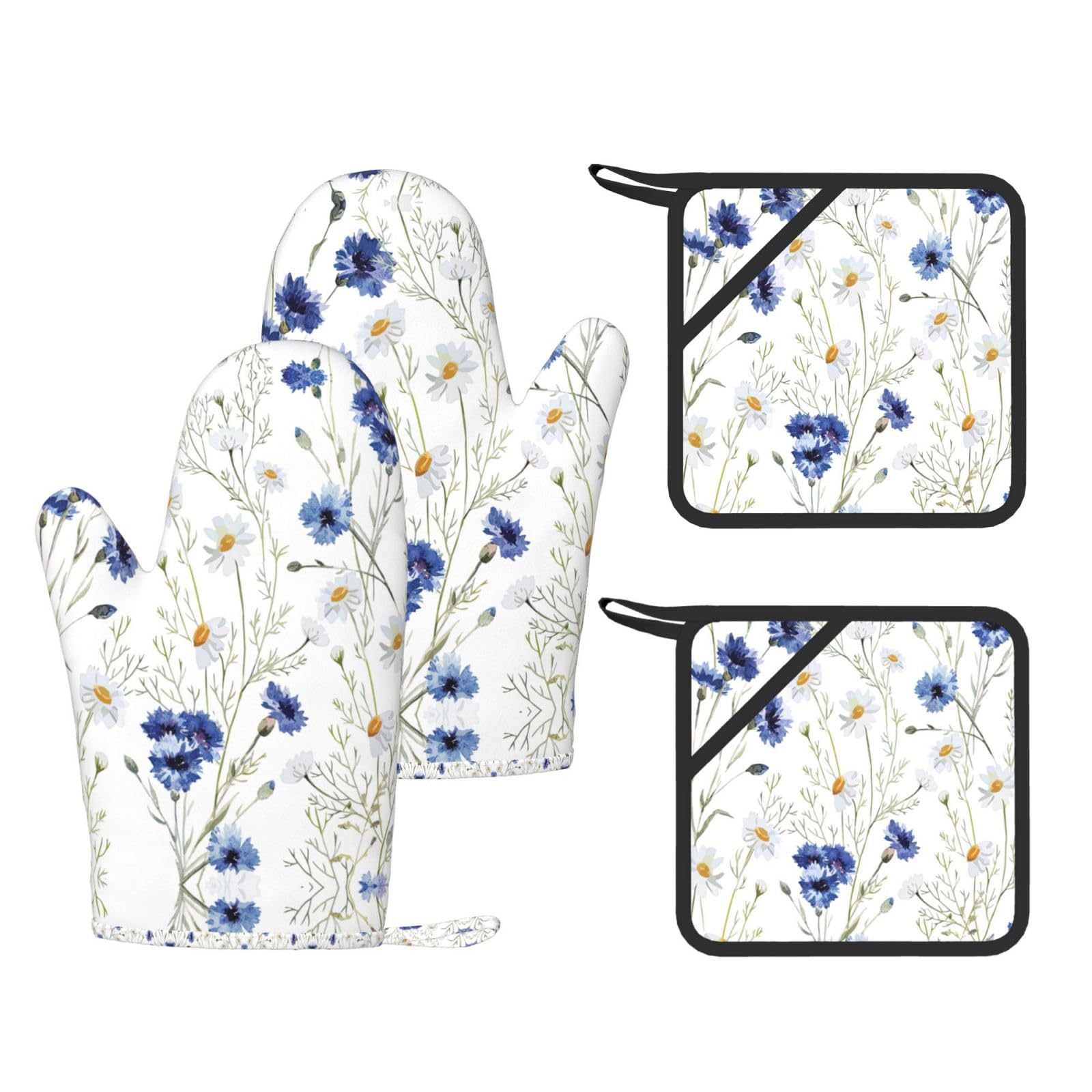 Flowers and Cornflowers Daisies Trendy Printed Kitchen Set with Heat Resistant Gloves & Non-Slip Hot Pads for Baking & Grilling
