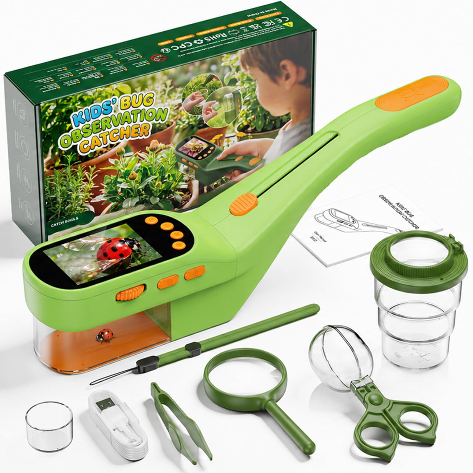 ASPOVEN Bug Catcher with Screen 500X - Portable Digital Bug Hunting Kits for Children with Clear Window, Kid Explorer Toy with Take Photos and Videos, Camping Adventure Toys for Boys Girls (Green)