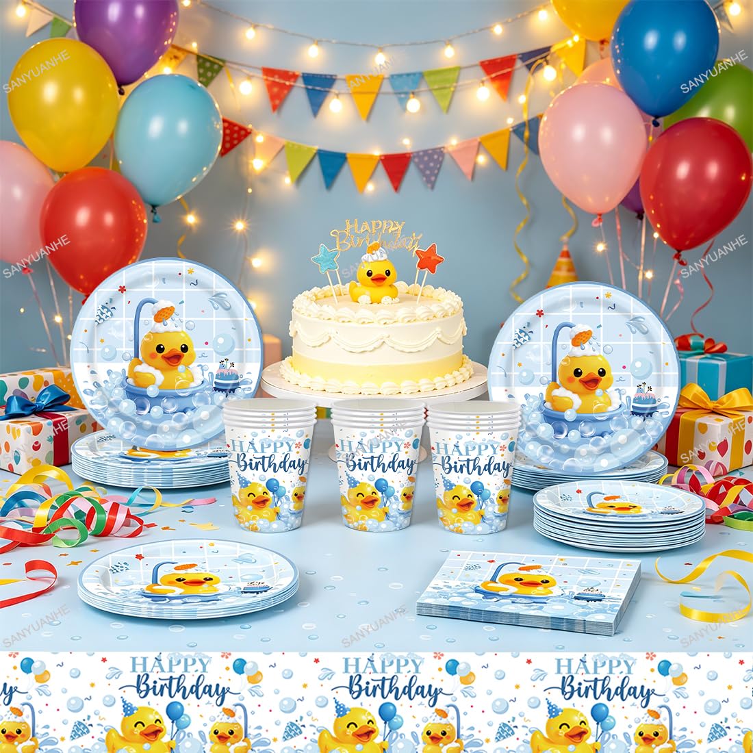 61 Pezzi Decorazioni Compleanno Paperella Gialla,Stoviglie per Feste Animali Anatra,SANYUANHE Festa per Bambini Duck,Tema Animali Piatti Tazze Tovaglioli Tovaglie