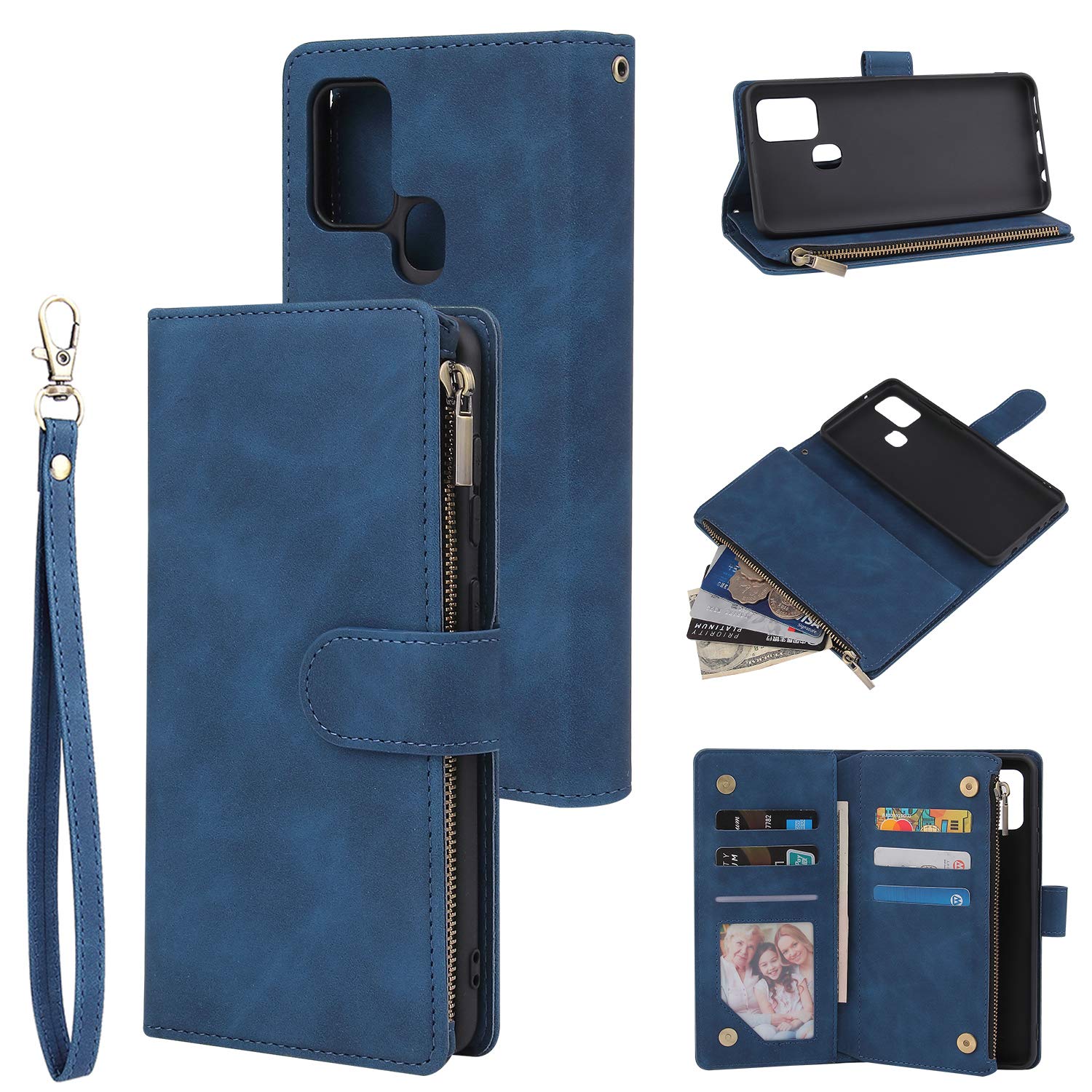 UEEBAI Wallet Case for Samsung Galaxy A21S, PU Leather Case Magnetic Closure Handbag Zipper Pocket Case Kickstand Card Slots with Hand Strap Marple Flip Case for Women - Blue