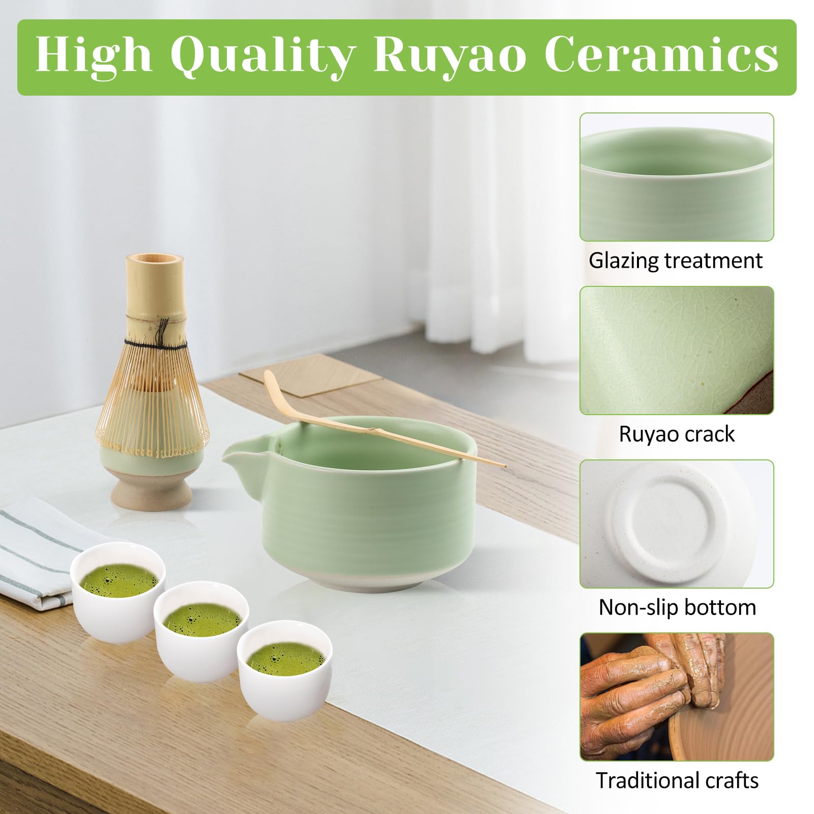 TAIHOBOMatcha zestaw z miotłą, 550 ml ceramiczna miska z dzióbkiem, uchwytem na miotłę i 2 łyżkami, do ceremonii parzenia herbaty, mieszania, do biura, herbaciarni