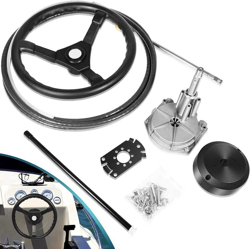 Boats Steering System, 15 Feet Cable Outboard Steering Kit with 3/4'' Standard Tapered Shaft & 13.5" Steering Wheel for Yachts, Fishing Boats and Other Watercraft