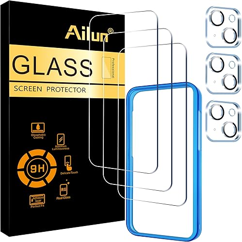 Ailun Paquete de 3 protectores de pantalla para iPhone 15 Plus 6.7 pulgadas + 3 protectores de lente de cámara con marco de instalación, película de