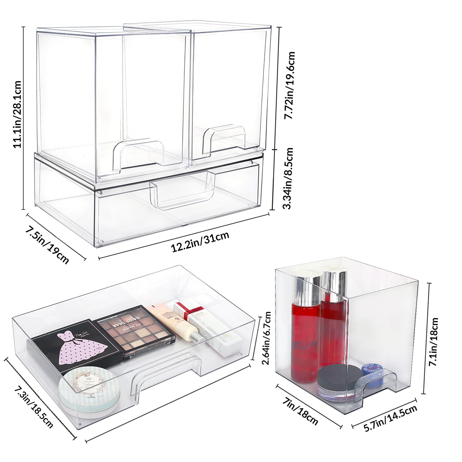 Cassetti Bagno Trucco Cucina 4 Cassetti Organizzatori Impilabili In Acrilico Trasparente, Con Maniglie, Per Bagno, Trucco, Cucina, Dimensioni 18.9x30.6x22.1 Cm Contenitori Per Trucco Bagno