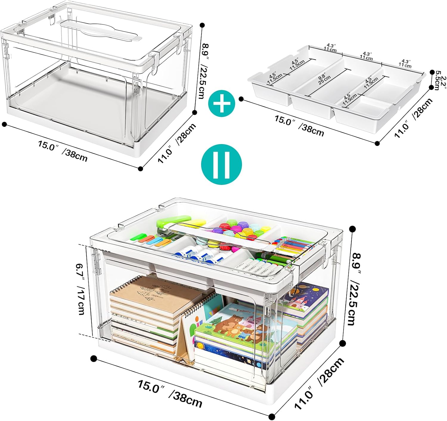 Condition photo showing New/Like New for 24qt 2packs clear craft organizers and storage with trays, art supply organizer and storage, craft storage box with lid for beads, markers, coloring books, sewing, playdoh and tools