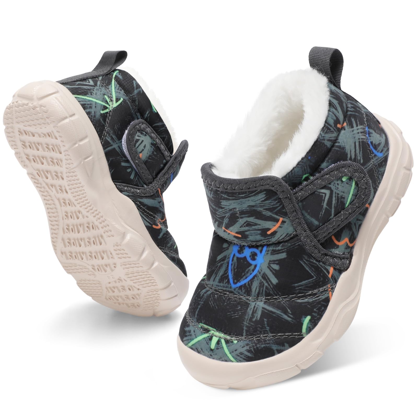 QFH Baby Boys Girls Winter Warm Shoes Cozy Fleece Snow Boots Toddler Non-Slip Walking Shoes Infant Outdoor Water Resistance Faux Fur Booties