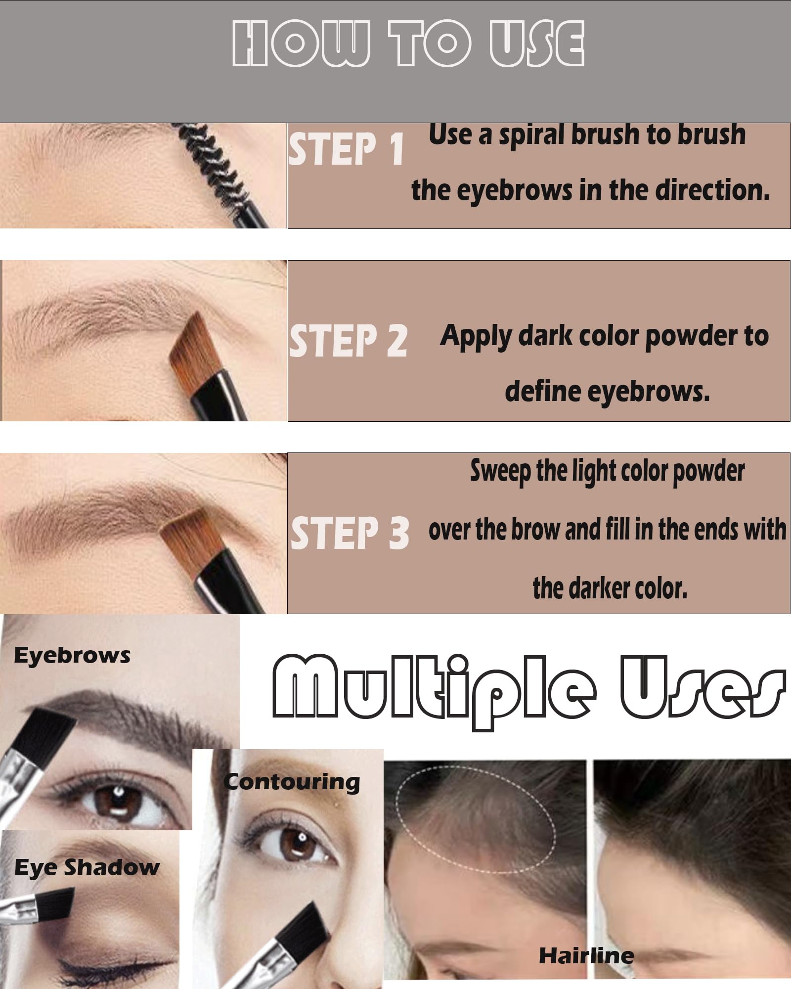 Augenbrauenpuder für Frauen, 2 Farben, wasserfest, hellbraun, grau, langanhaltendes Augenbrauenpuder zum Füllen und Formen von Augenbrauen, natürliche Kontur, Lidschatten,
