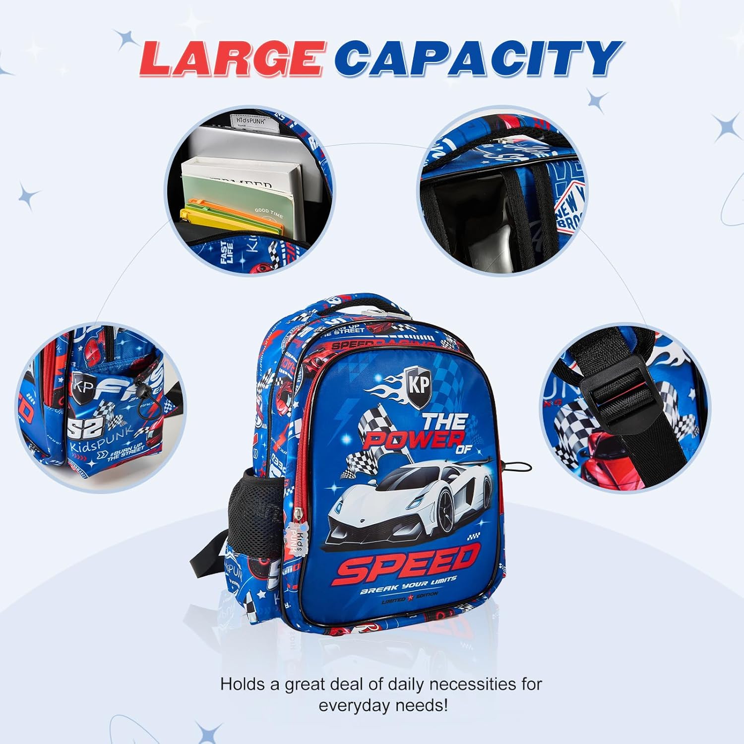 Boys Backpack Cute Cool Race Car Backpack for Boys Kids Kawaii Backpack for Preschool Elementary Kindergarten,Blue Color.Large Capacity.16 Inch - Image 3