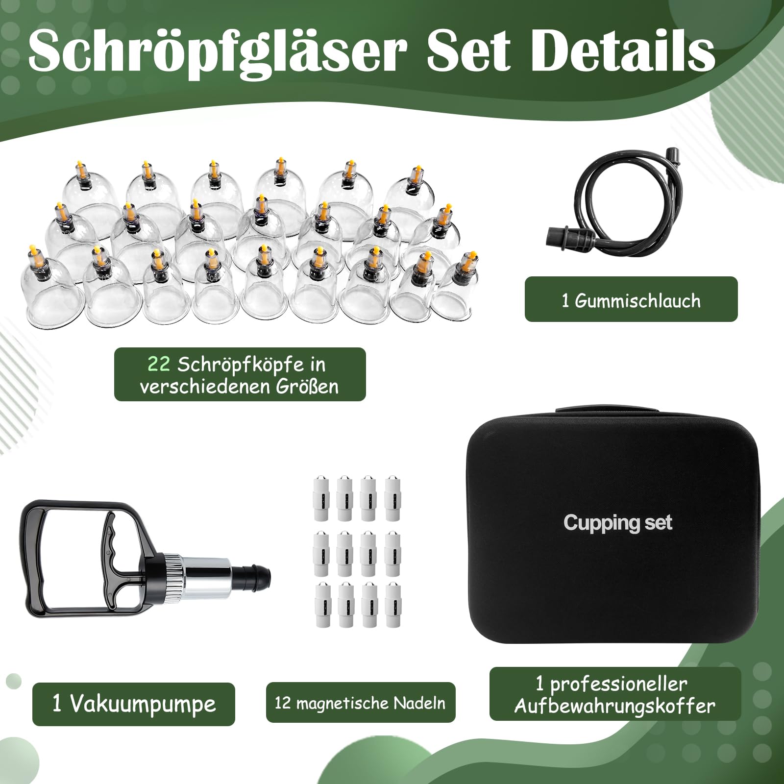 22 Stück Schröpfgläser mit Vakuumpumpe, Schröpfglas für Gesicht und Körper, Schröpfen zur Gegen Cellulite, Spannung und Entspannen Muskeln, Schröpfset mit Akupressurpunkt Magneten