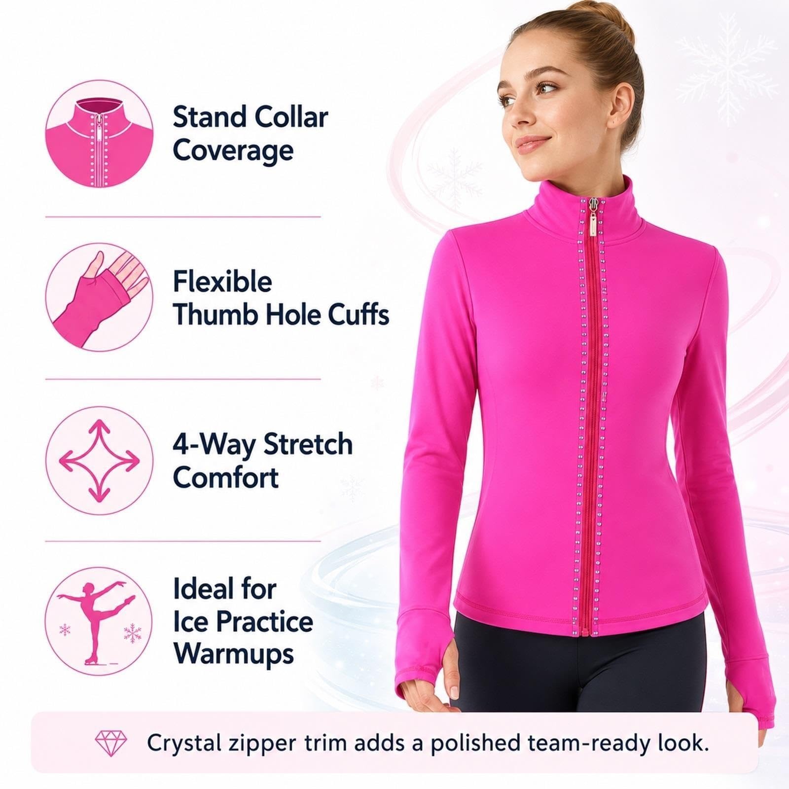 Eiskunstlauf-Aufwärmjacke mit Strass-Reißverschluss und Daumenlöchern