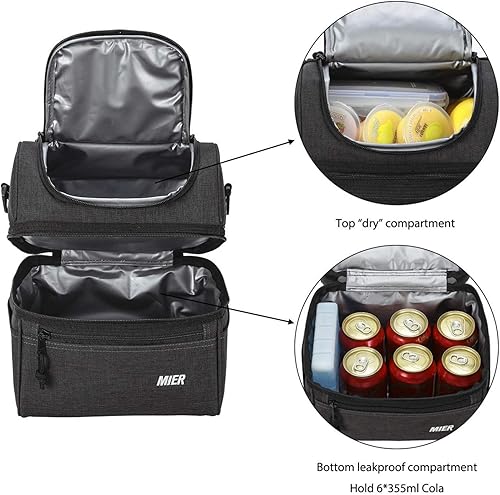 Miniatura 4 de MIER Lonchera aislada con 2 compartimentos y paquete de almuerzo expandible para hombres y mujeres, color negro