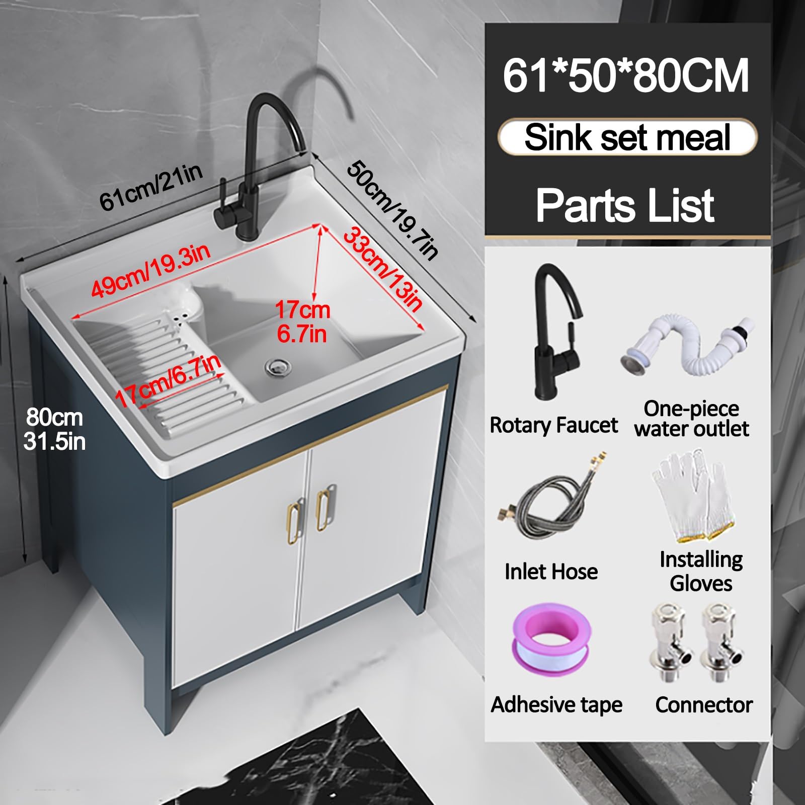 Freistehende Utility-Sink mit Schrank, Keramik-Waschbecken und Wasserhahn für Waschküche, Garten im Freien, Garage Handwaschstation, Raum Aluminium-Eterzboden mit Lagerung