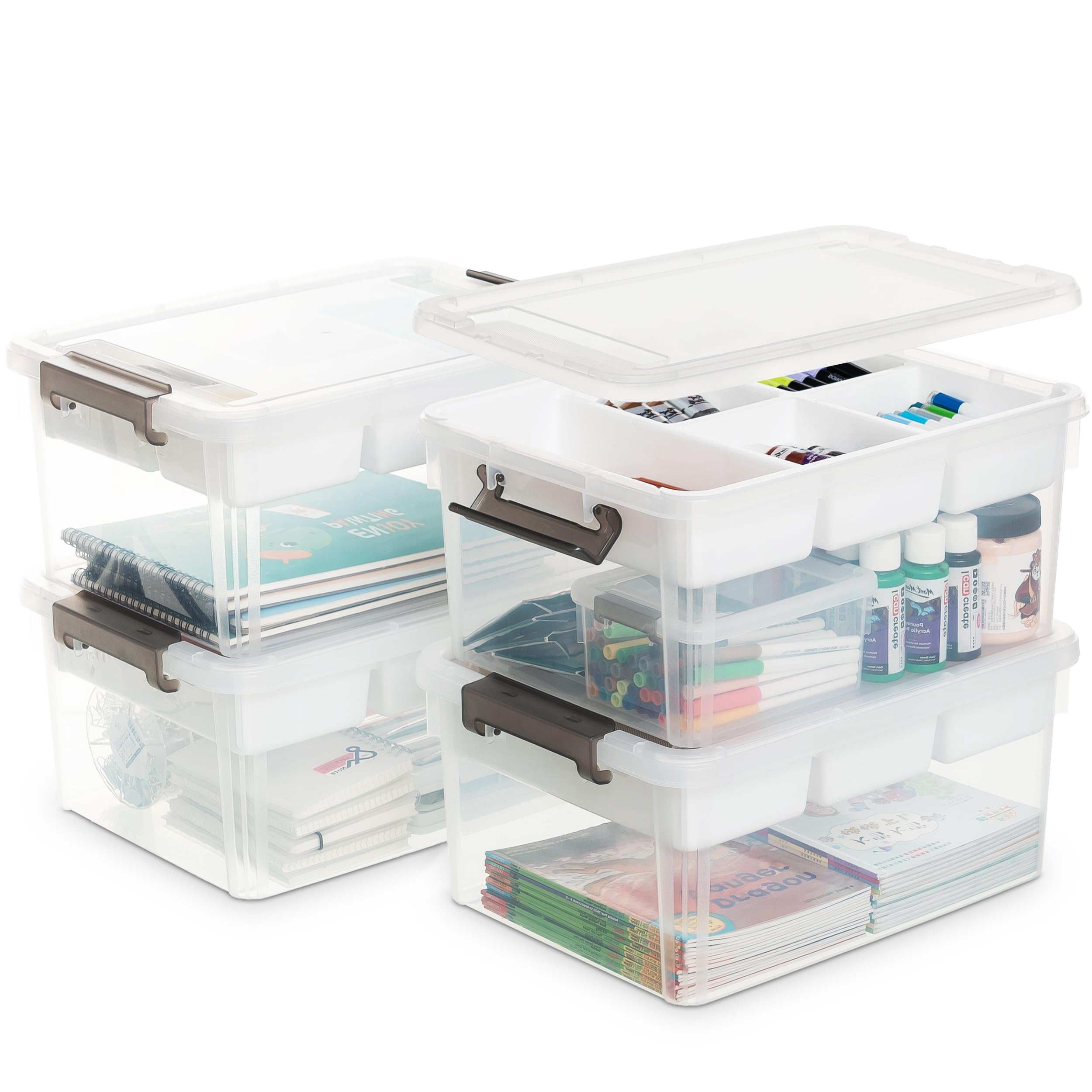 Citylife Lot de 4 Boîte de rangement avec couvercle, 16L Boîte à jouets, Transparent, Clips de Fermeture, 5 compartiments, Idéal pour trier les blocs, les jouets et les petits objets