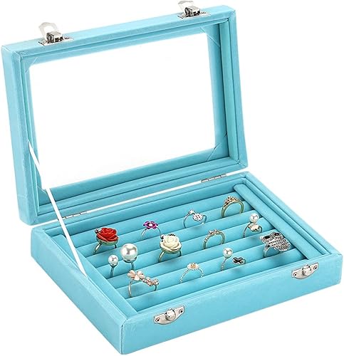 Miniatura 2 de GSLSTGS Caja de almacenamiento de joyería de cristal de terciopelo para anillos aretes caja de joyería estuche para anillos 2 cierres azul claro