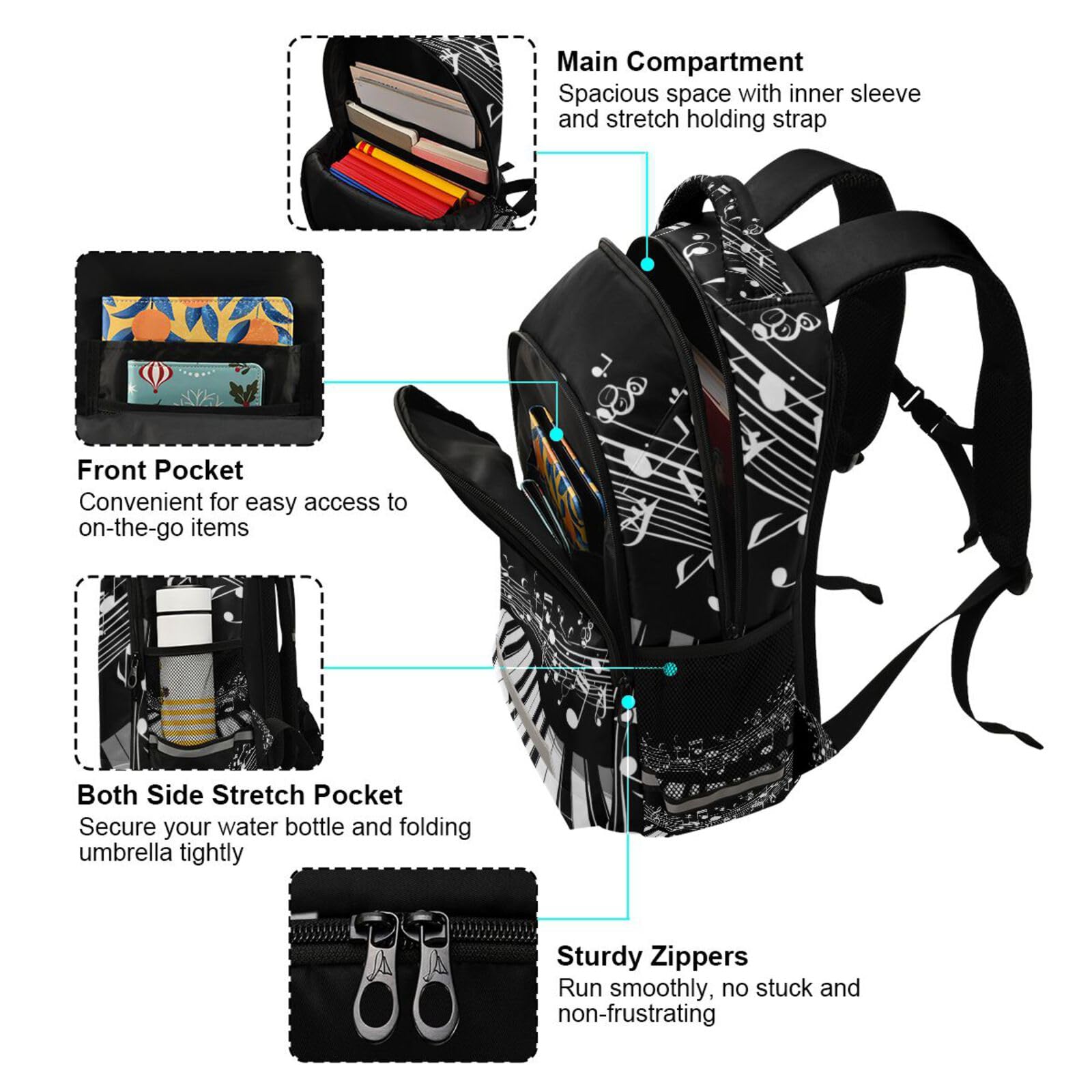 Musik Klaviertasten Noten Rucksack Jungen Schulrucksack Mädchen Schulranzen Kinder Reflektierender Schultasche Kinderrucksack Für Schule
