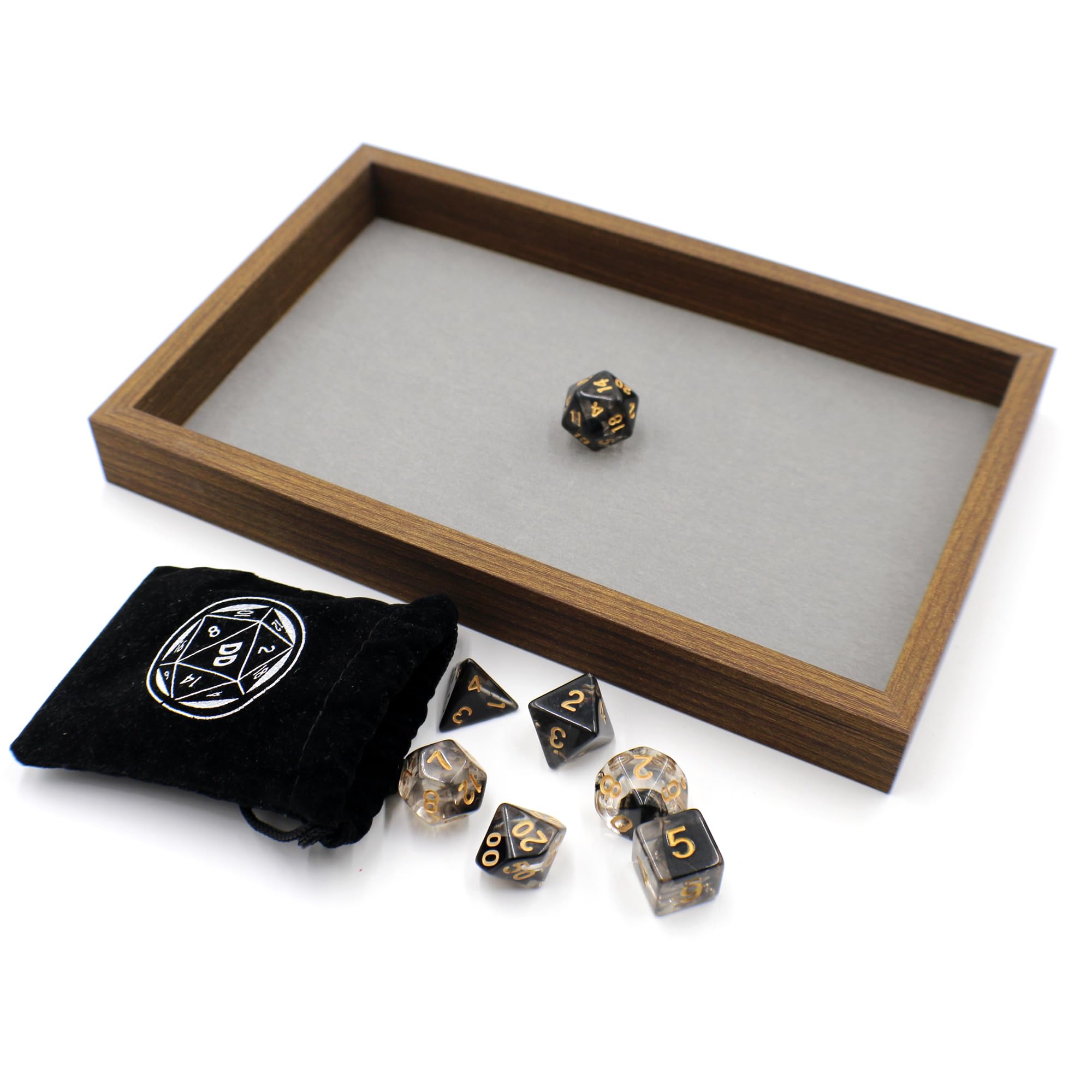 Wooden Dice Tray with Premium Walnut Frame and Matching D&D Dice Set - Tabletop Gaming Accessory (Light Gray)