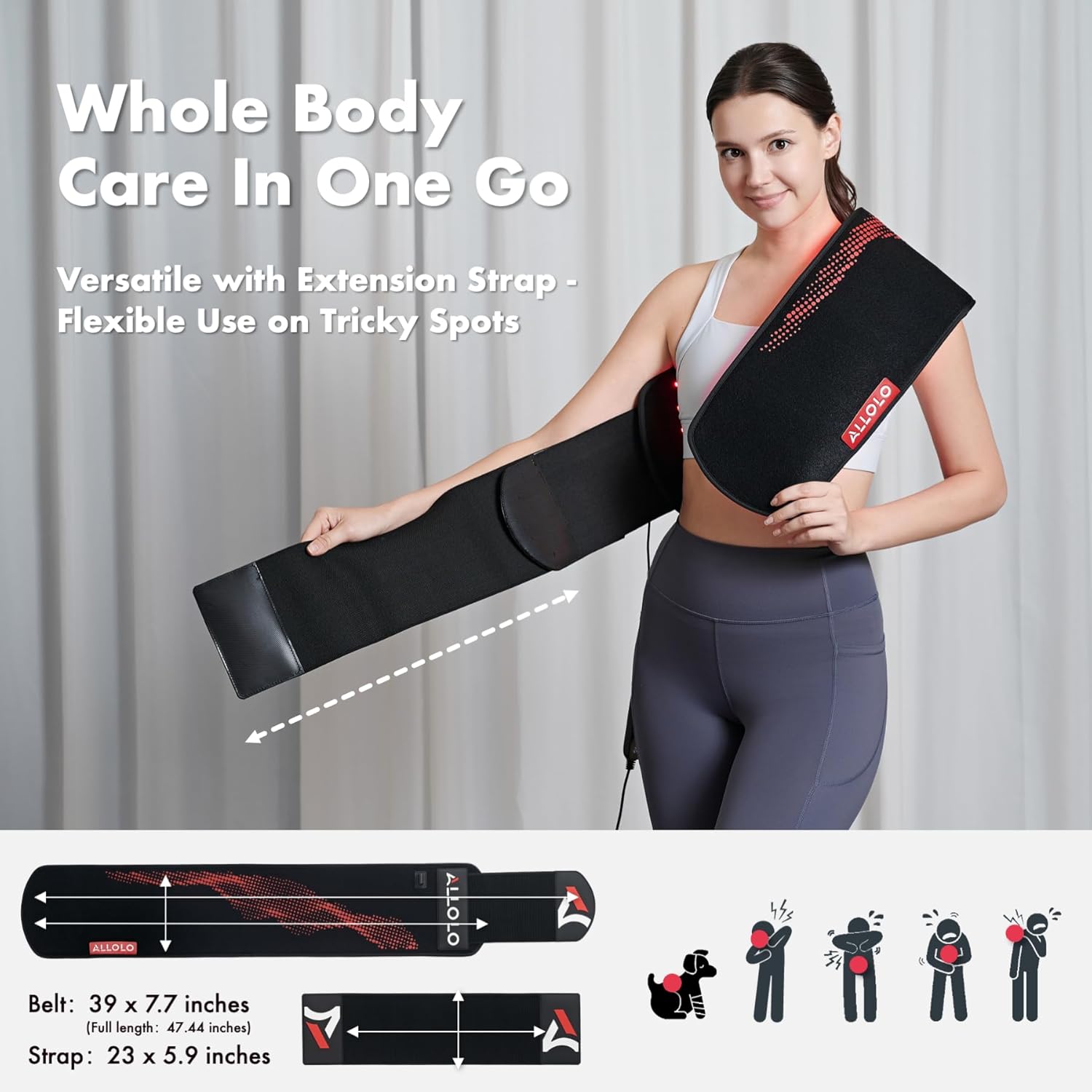 ALLOLO Red Light Therapy Belt, 39"*7.7" Large Area with 180pcs 3-in-1 LEDs 660nm & 850nm Infrared Red Light Therapy for Body, Adjustable & Portable Therapy Wrap for Shoulder Waist Belly Joint(Corded) - Image 5