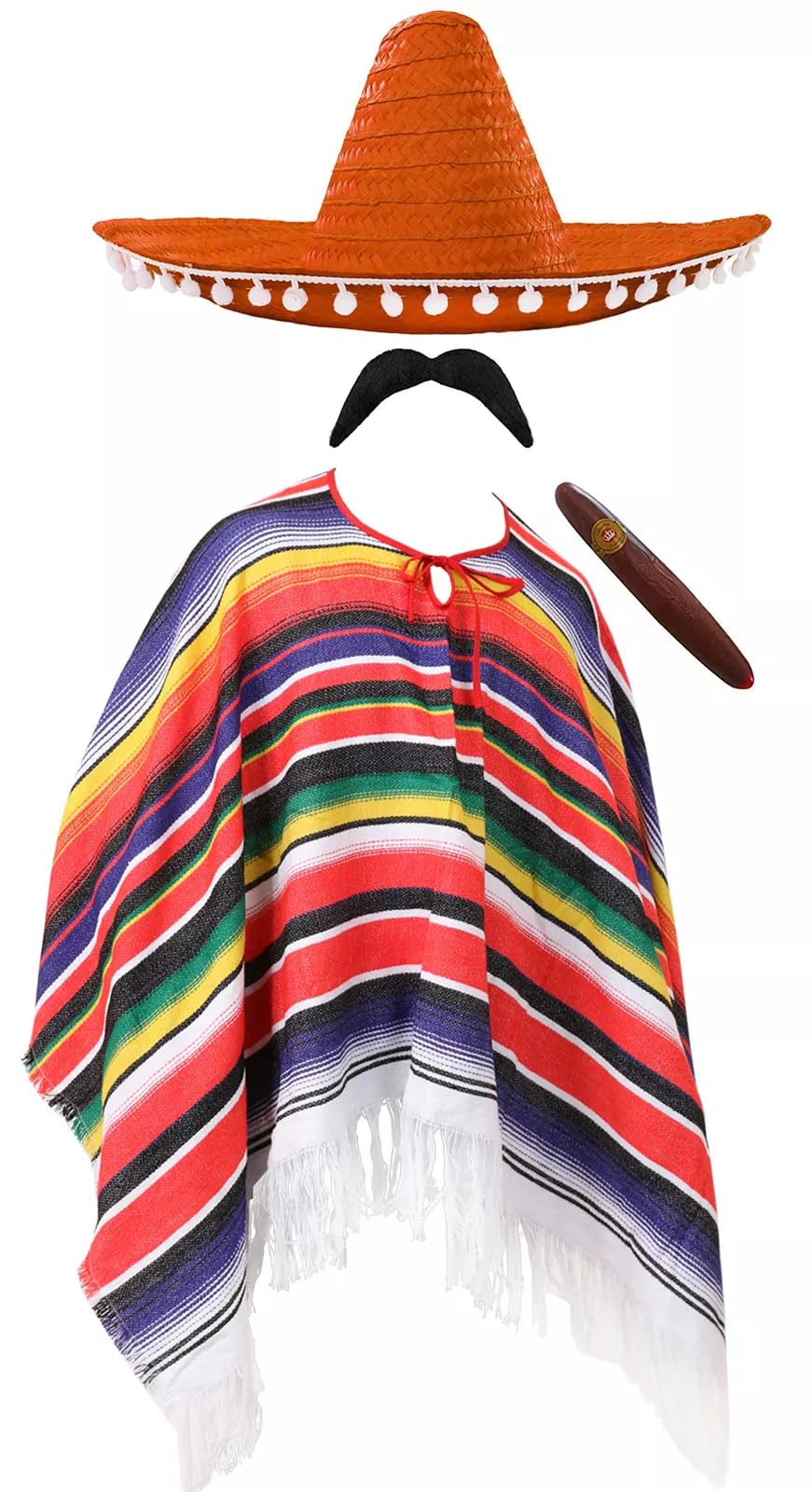 Adults Mexican Costume - Multicoloured Poncho with Tasselled Edges, Orange Sombrero, Fake Cigar, Fake Moustache - Mens Ladies Mexico Cinco de Mayo Fancy Dress Costume