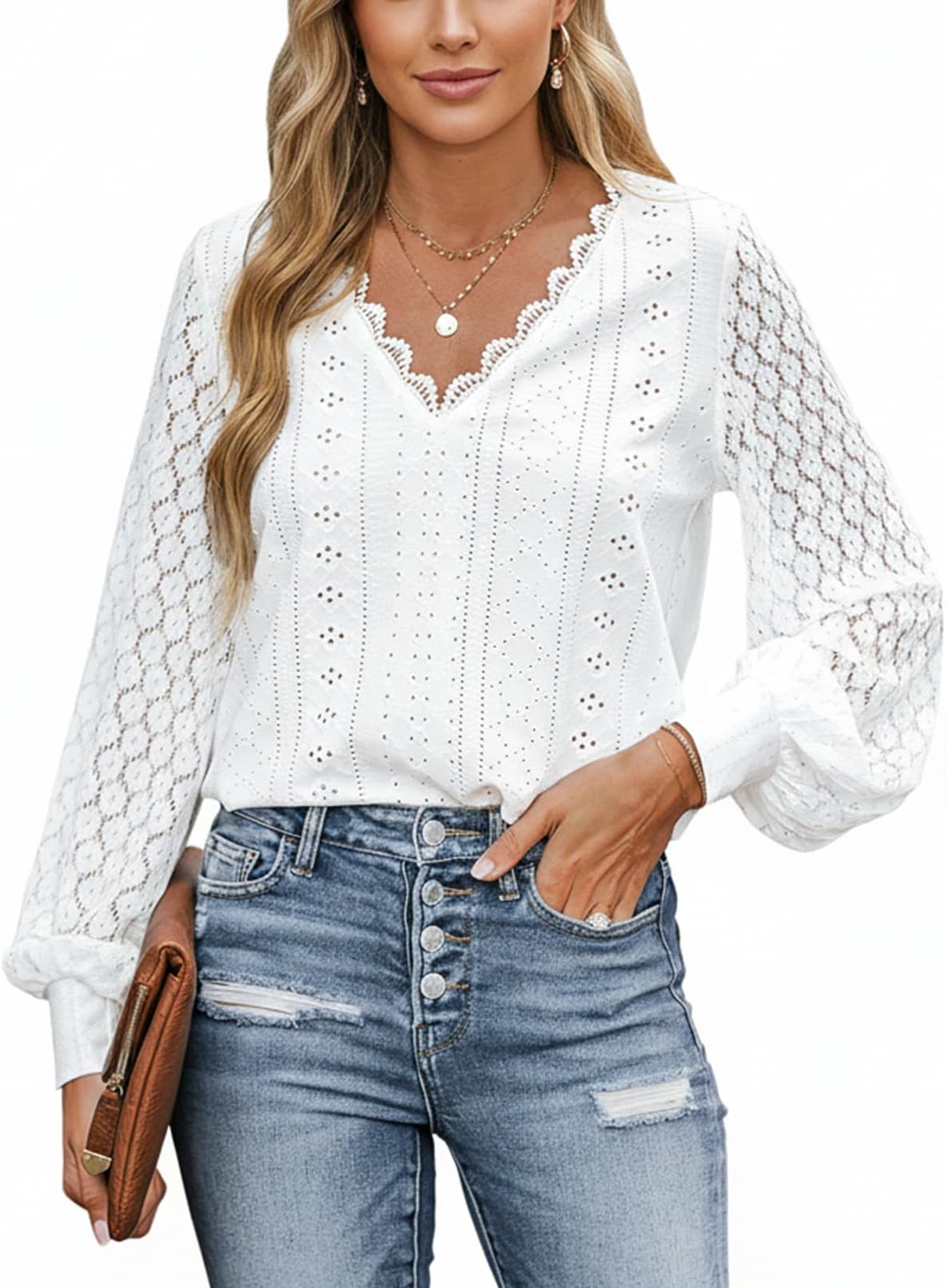 Long Sleeve Tops for Women Eyelet Scalloped Lace V Neck Blouse Casual Loose Fashion Shirts