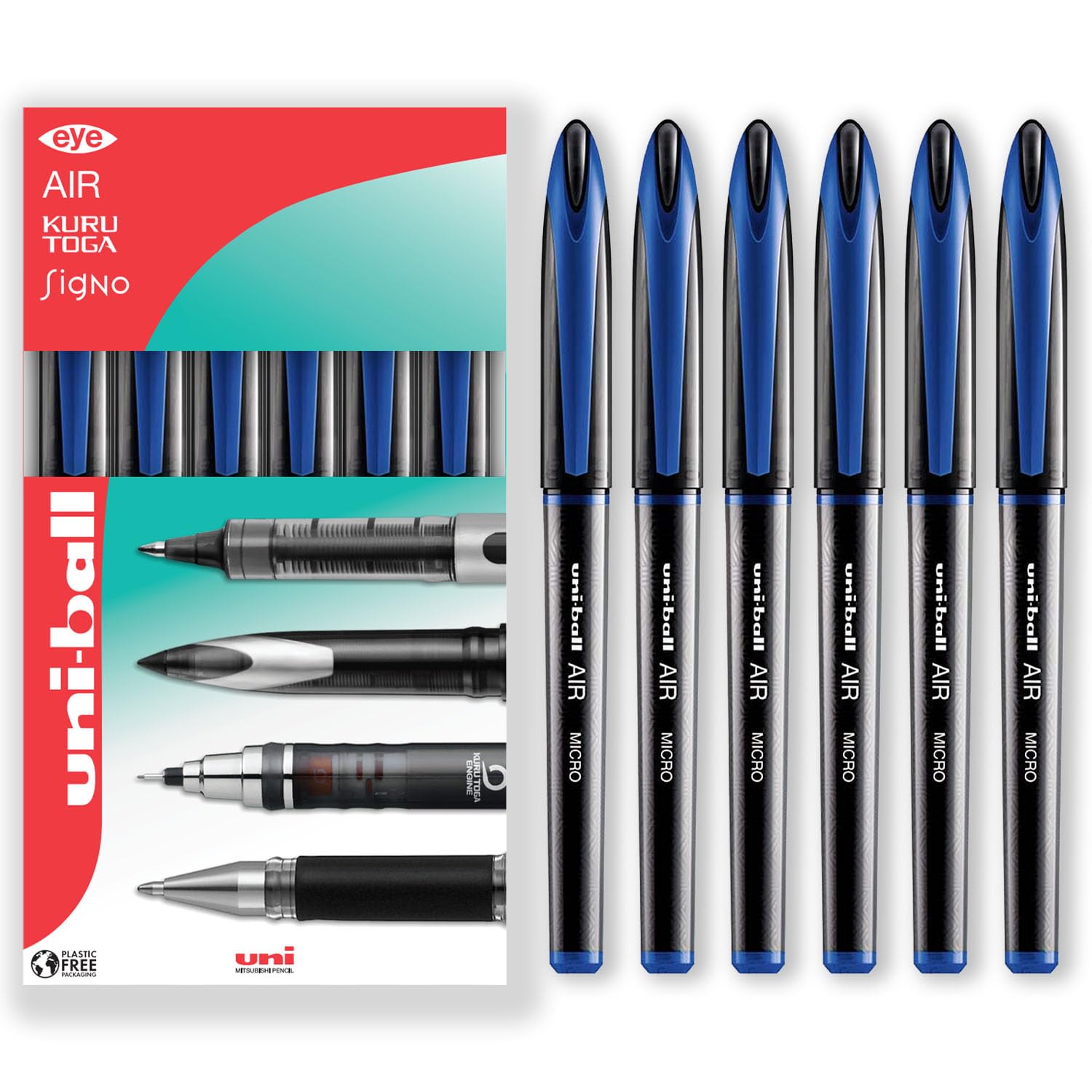 uni-ball AIR Micro - 0.5mm Fine Rollerball - UBA-188-M - In Envelope Gift Packaging (Pack of 6, Blue)