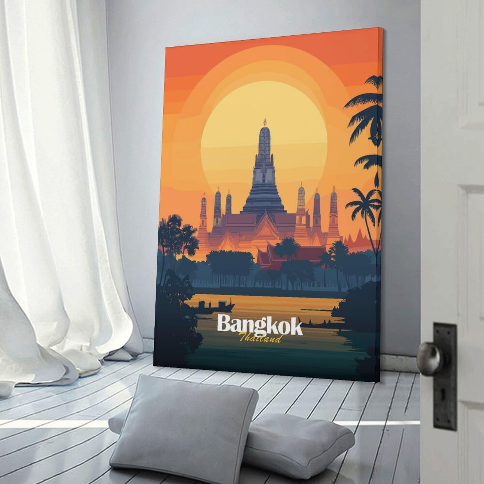 Junmoney Decorative Canvas Print Bangkok Sunset Temple, 24x36inch(60x90cm), for Home Office, Desk Area Or Studio, Home Office Artwork with Decorative Appeal