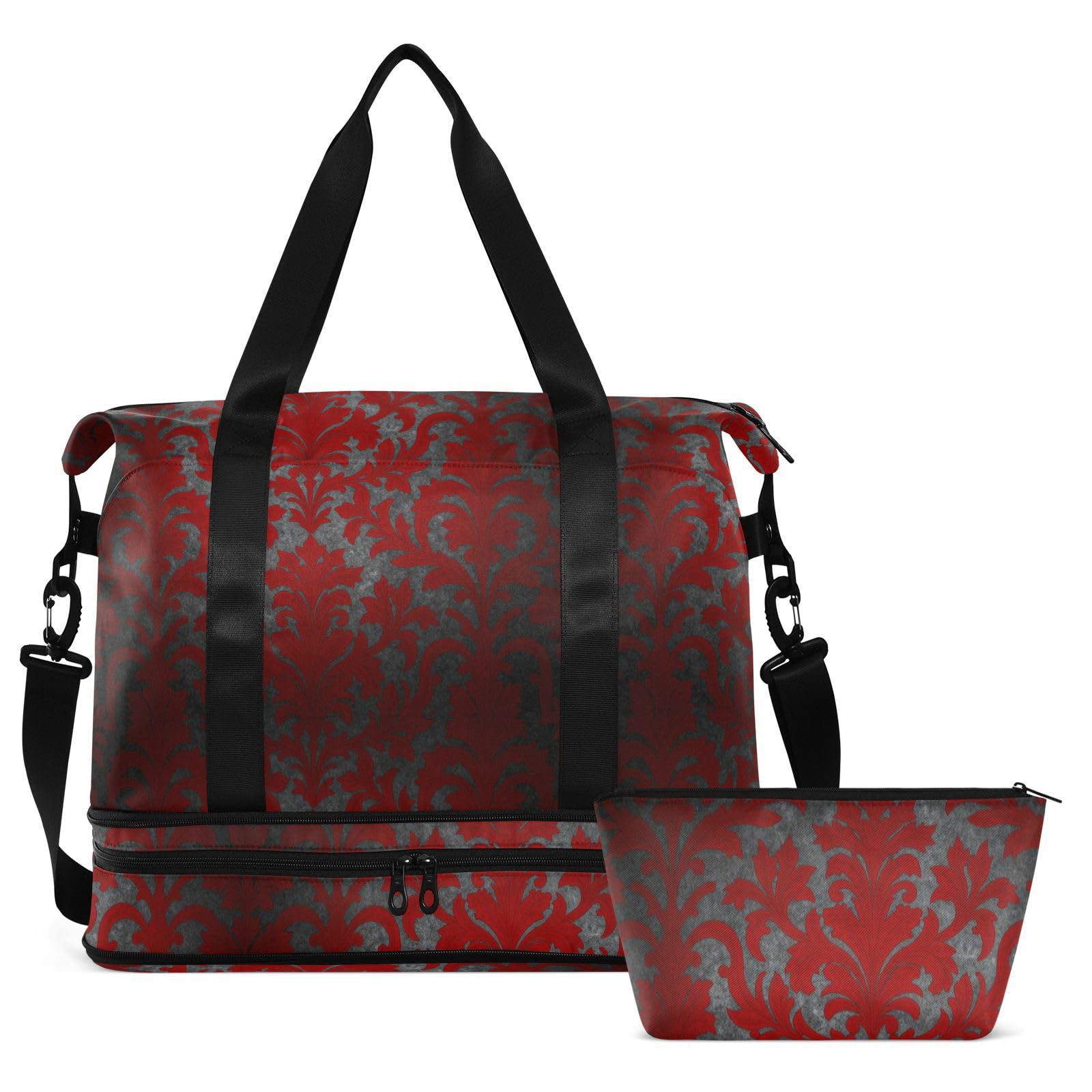 Sac de voyage gothique rouge foncé à motif floral rétro avec poche humide, sangle réglable, sac d'entraînement de sport pour la randonnée, imperméable pour homme et femme
