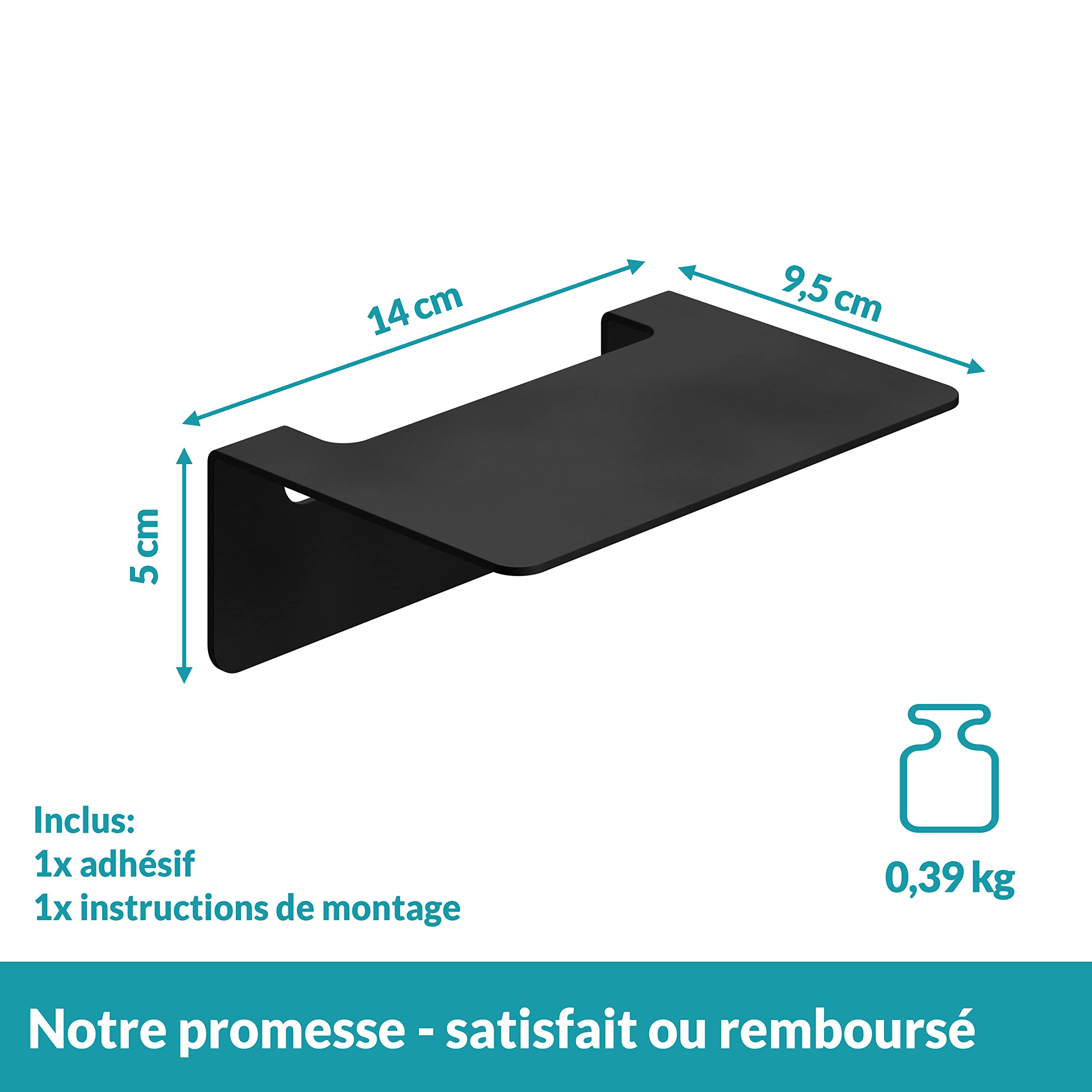 WEISSENSTEIN Tablette Murale Adhésive INOX Noir 24 Cm - Salle De Bain Sans Percage - Étagère Autocollante Grande